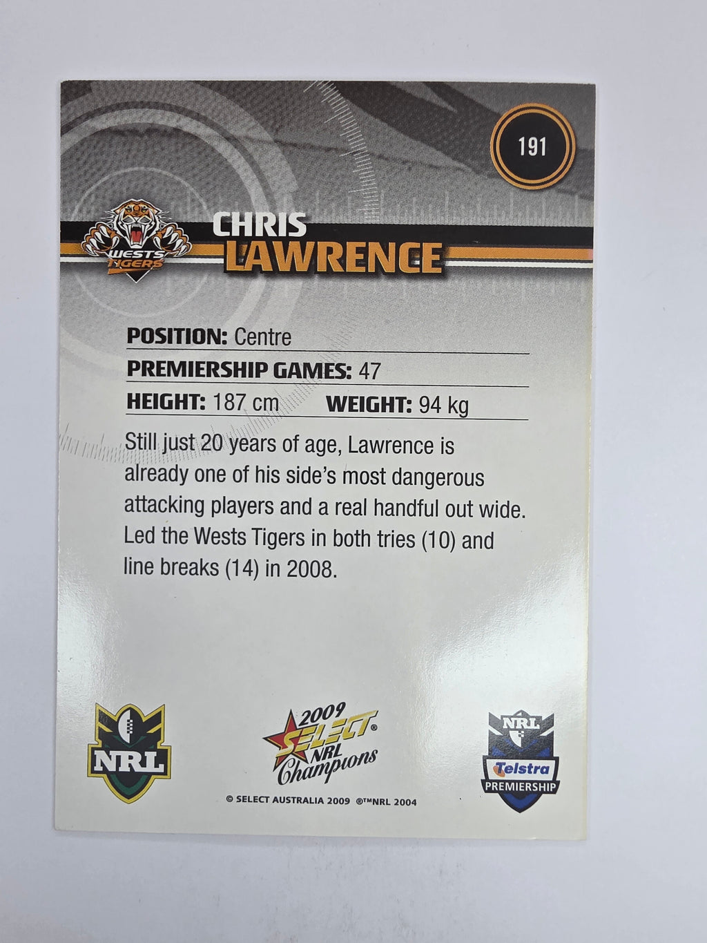 NRL 2009 Champions Base Card #191 Chris Lawrence Wests Tigers