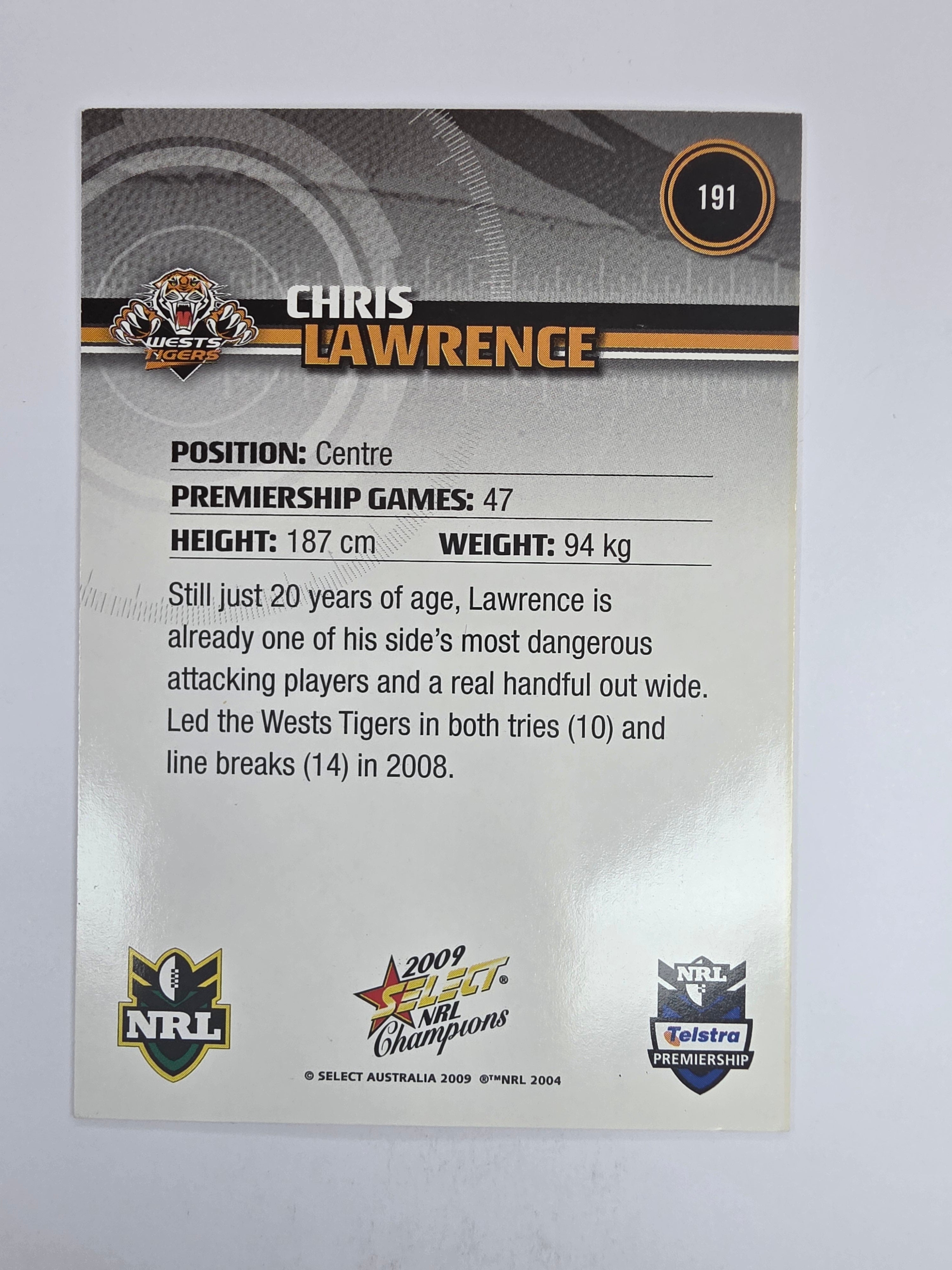 NRL 2009 Champions Base Card #191 Chris Lawrence Wests Tigers
