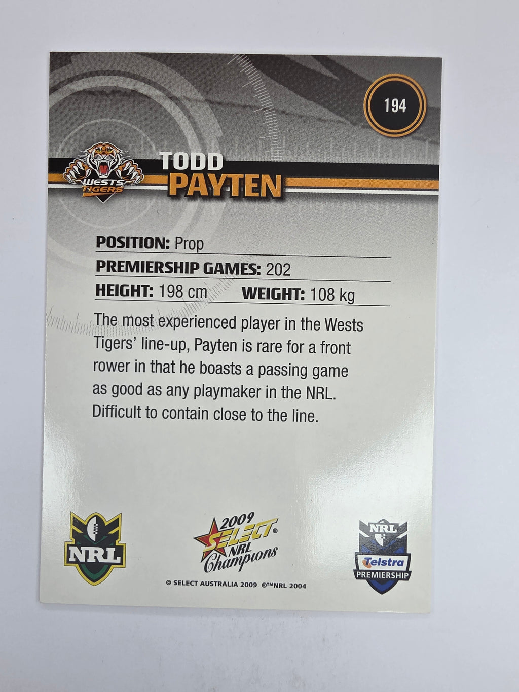 NRL 2009 Champions Base Card #194 Todd Payten Wests Tigers