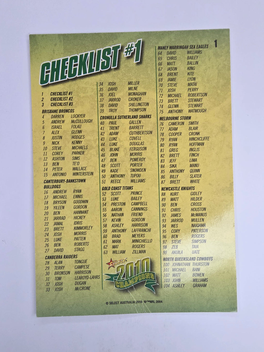 NRL 2010 Champions Base Card #1 Checklist