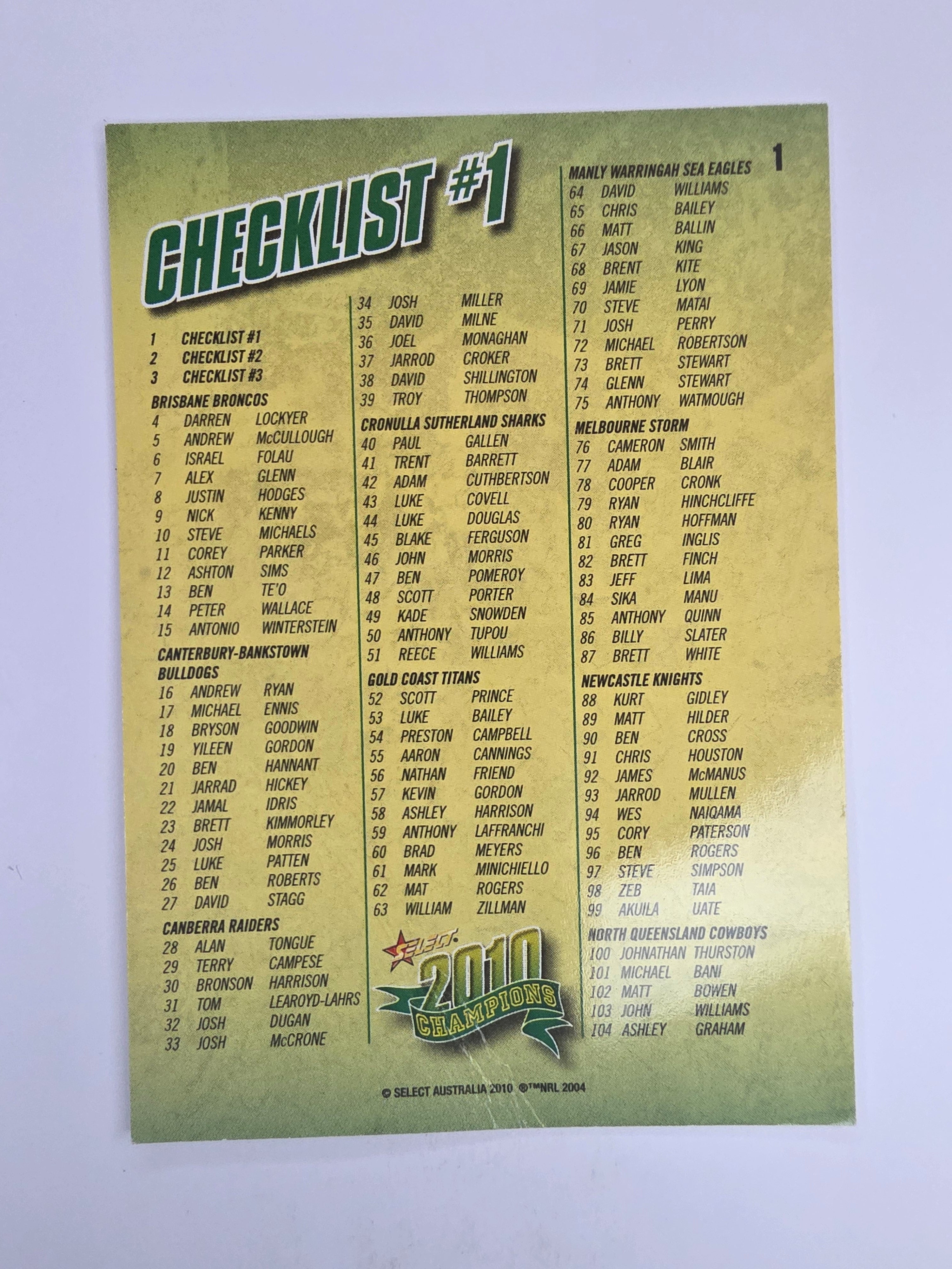 NRL 2010 Champions Base Card #1 Checklist
