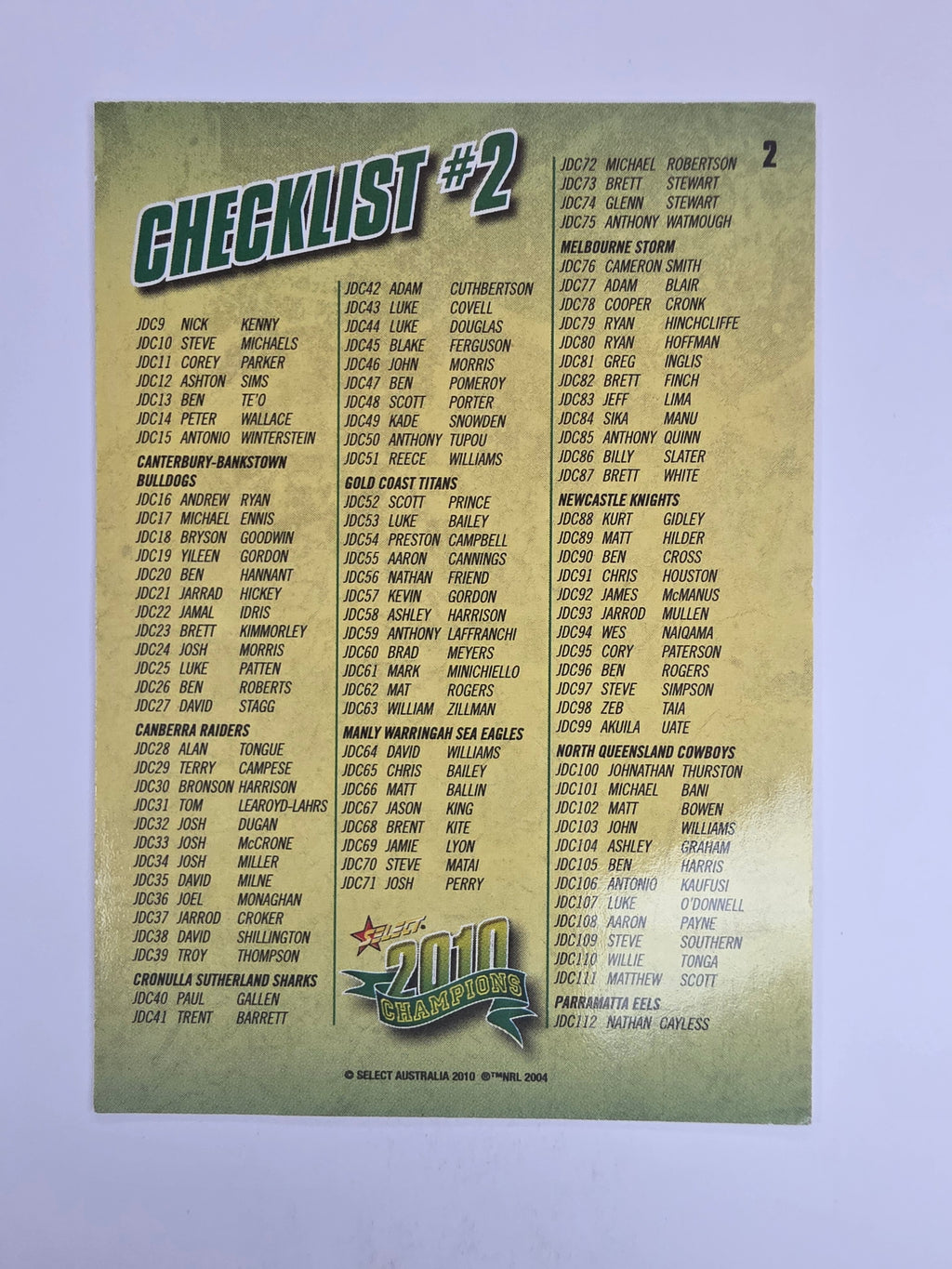 NRL 2010 Champions Base Card #2 Checklist