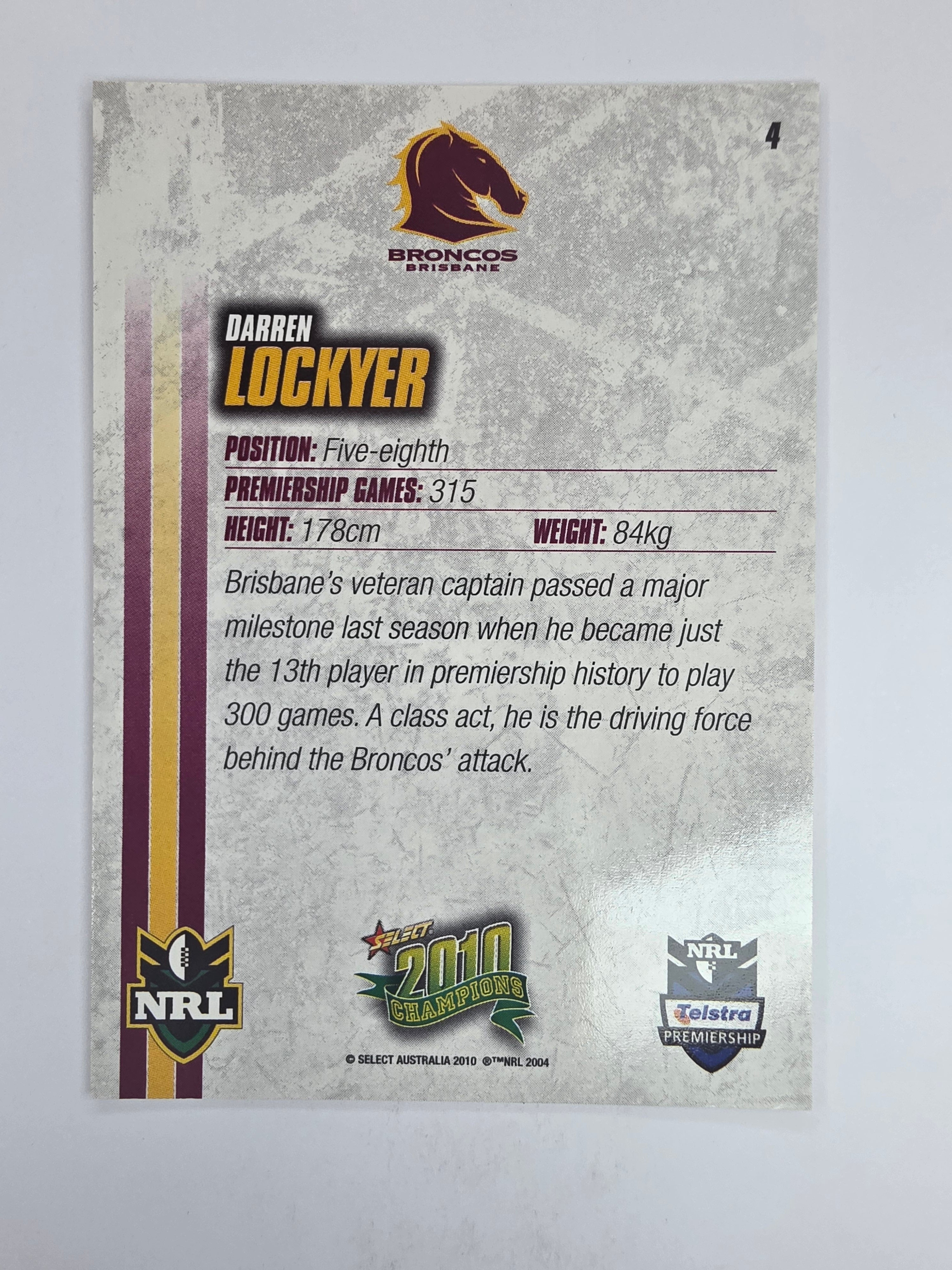 NRL 2010 Champions Base Card #4 Darren Lockyer Brisbane Broncos