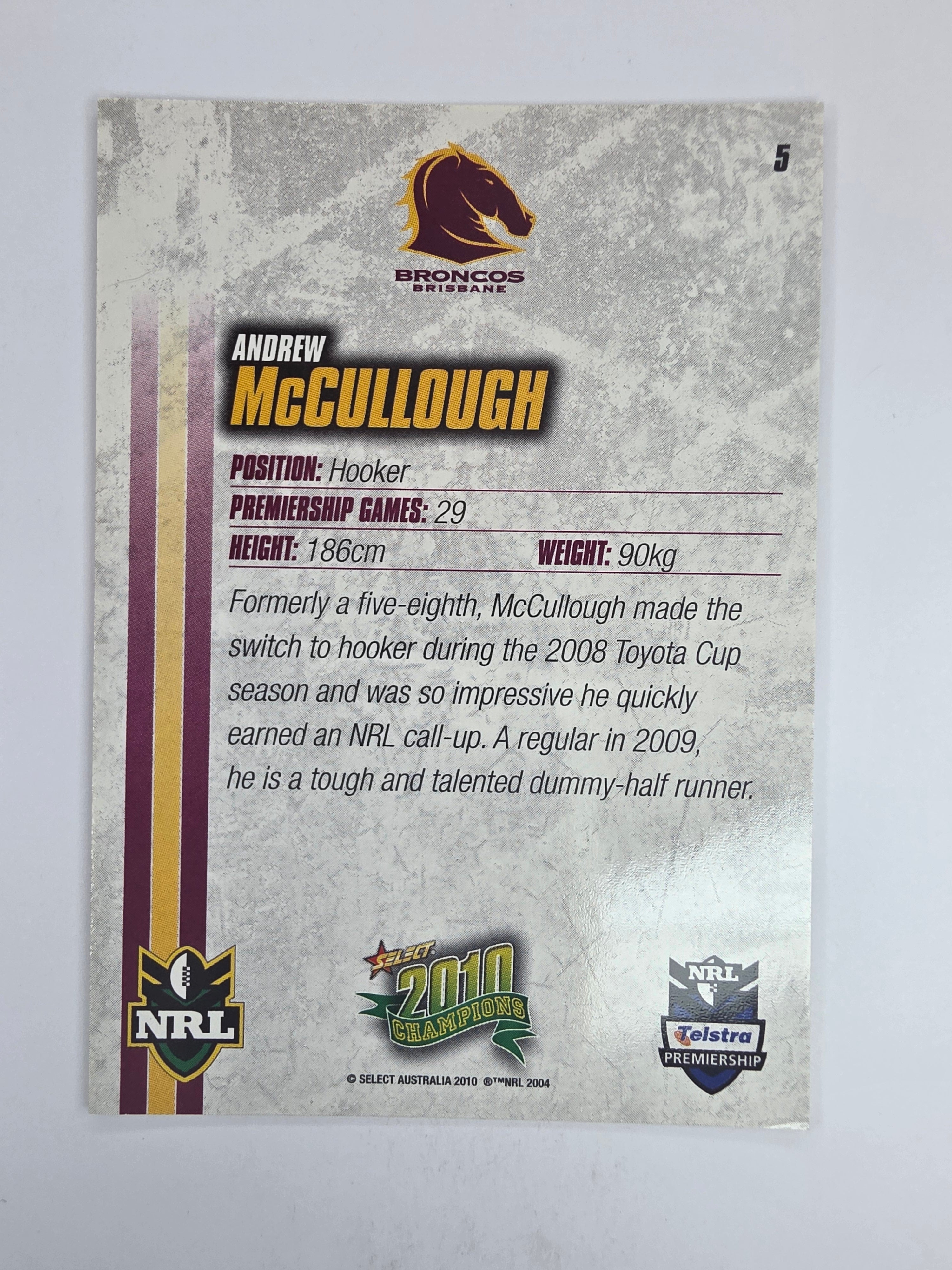 NRL 2010 Champions Base Card #5 Andrew McCullough Brisbane Broncos