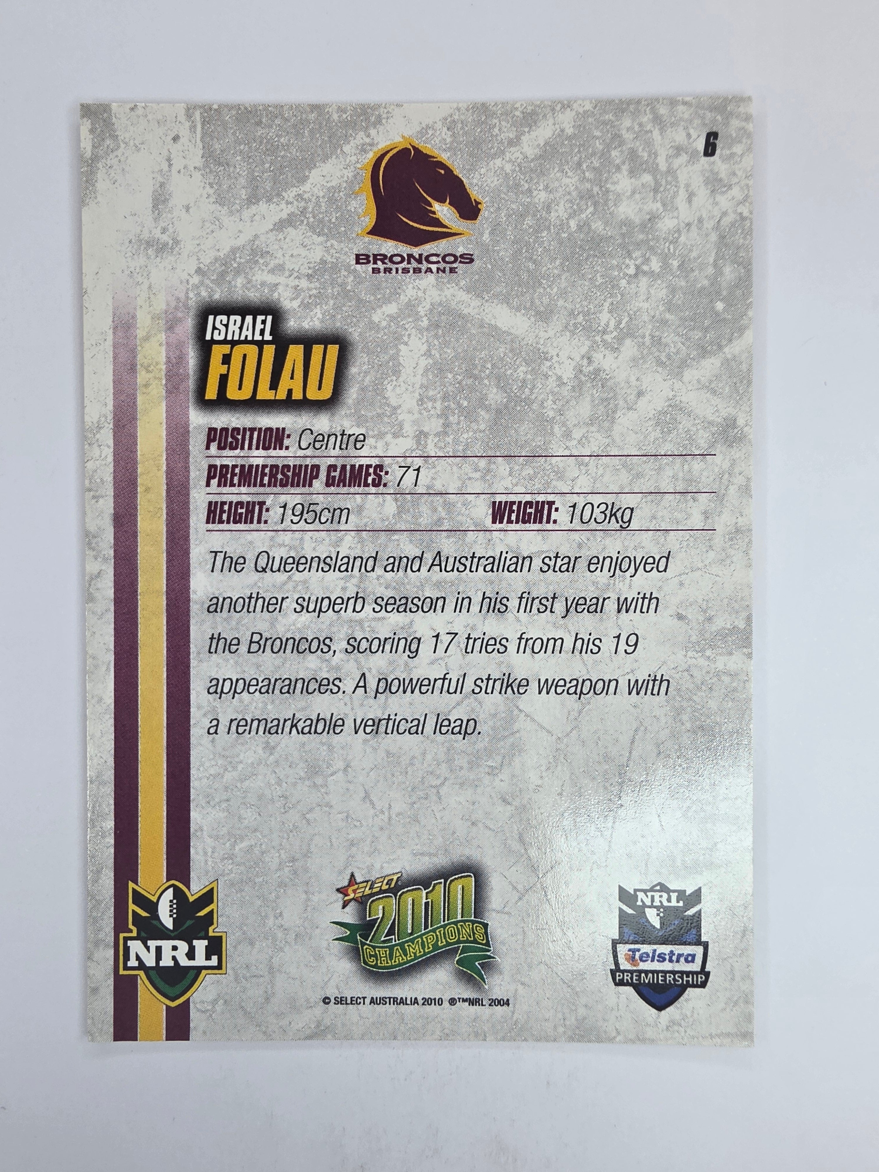 NRL 2010 Champions Base Card #6 Israel Folau Brisbane Broncos