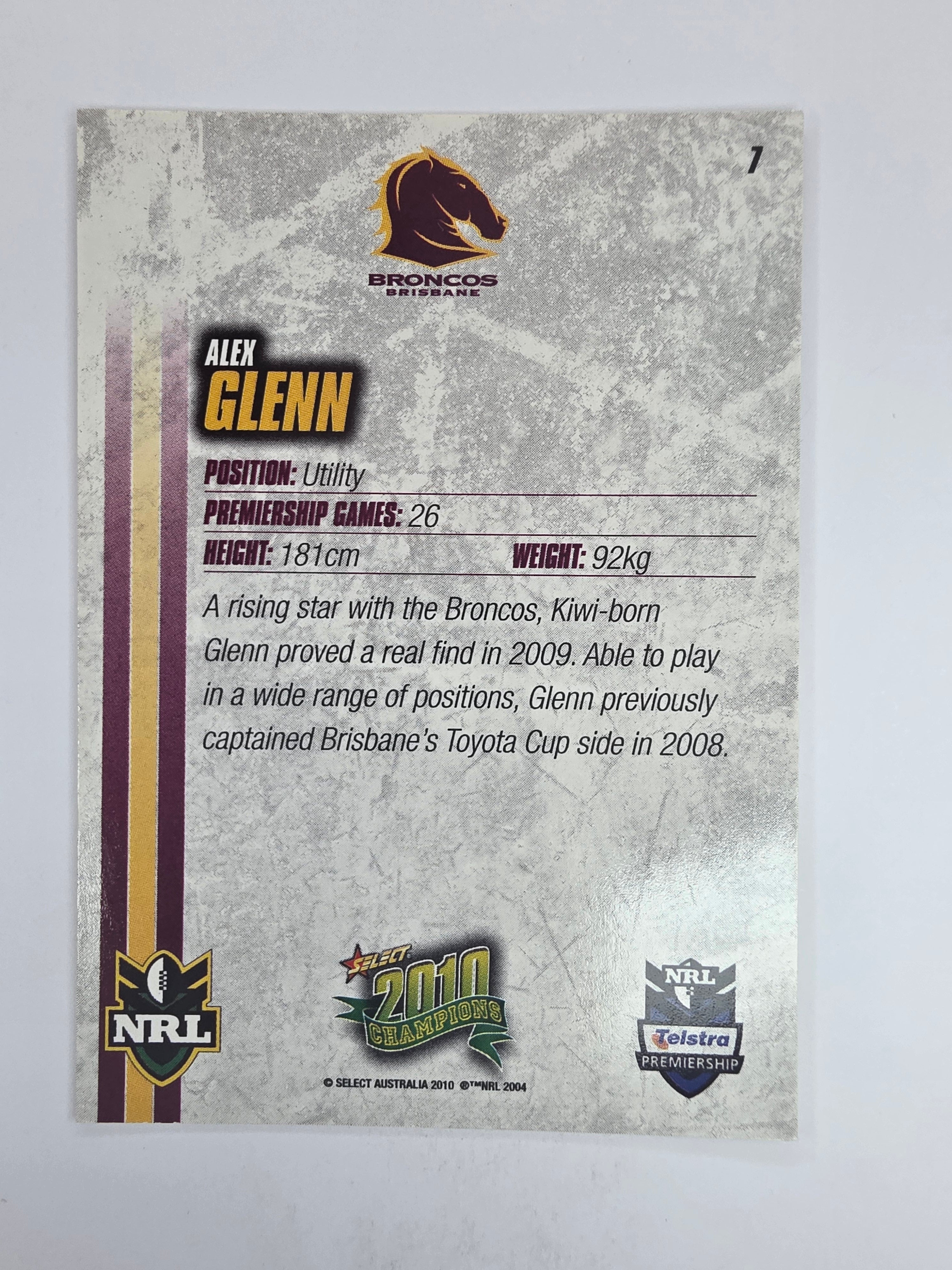 NRL 2010 Champions Base Card #7 Alex Glenn Brisbane Broncos