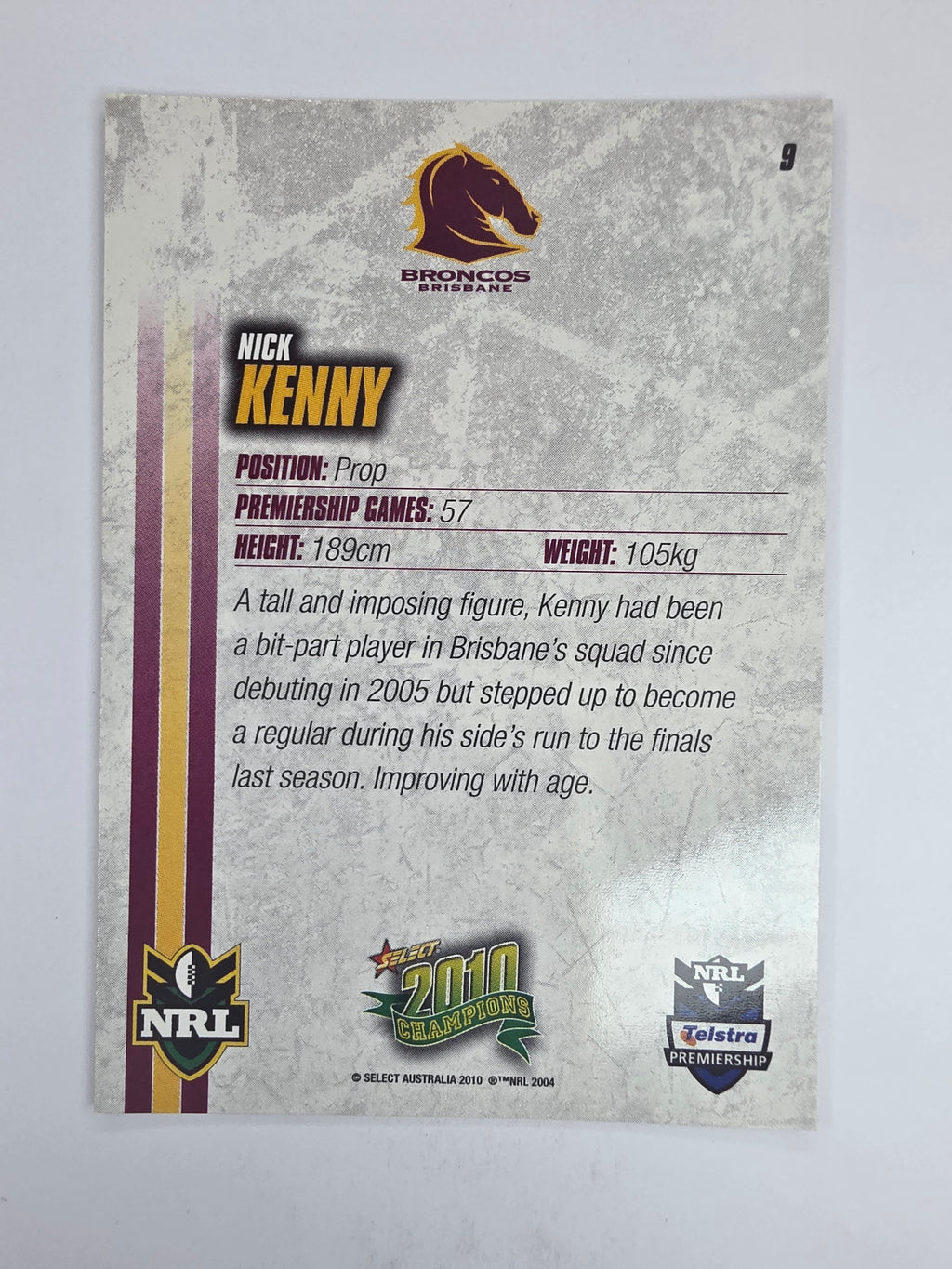 NRL 2010 Champions Base Card #9 Nick Kenny Brisbane Broncos