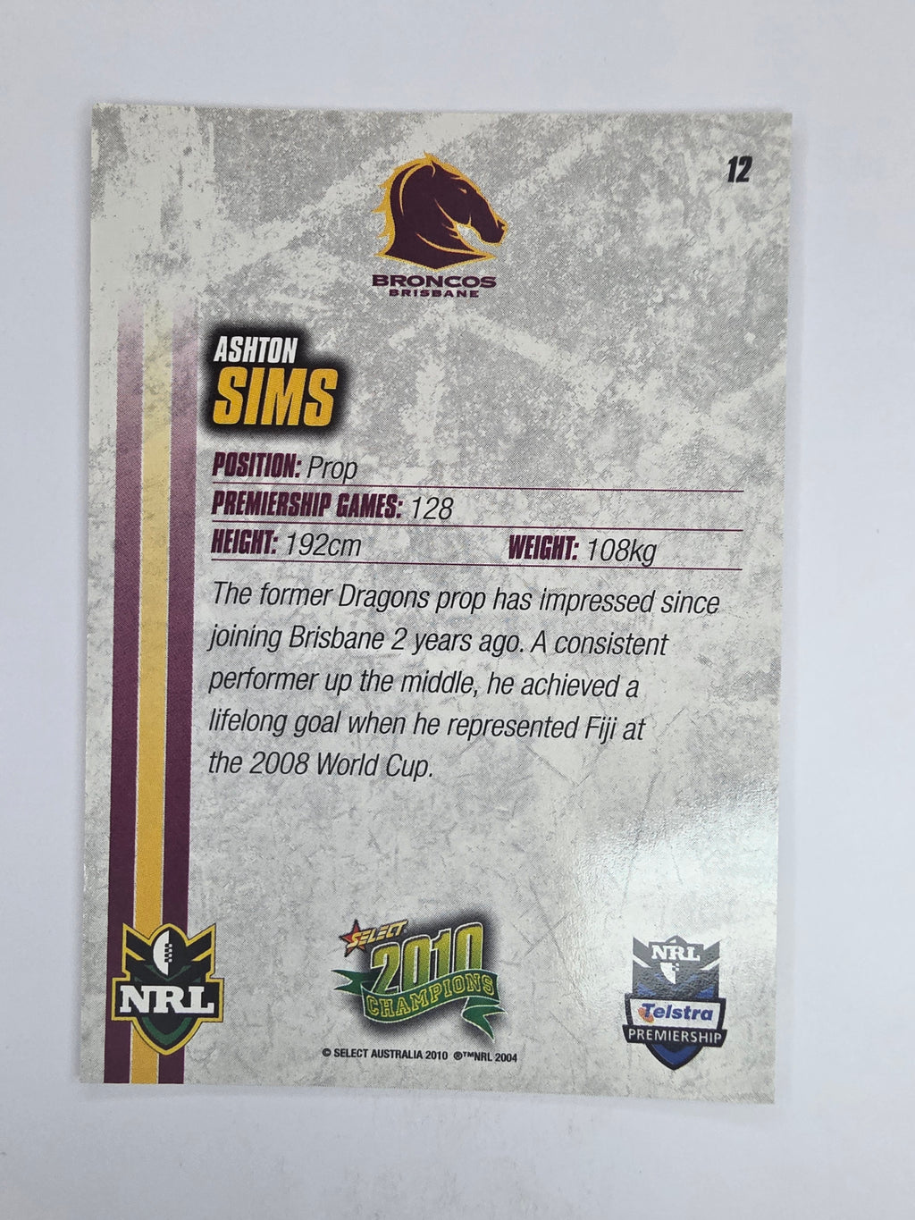 NRL 2010 Champions Base Card #12 Ashton Sims Brisbane Broncos