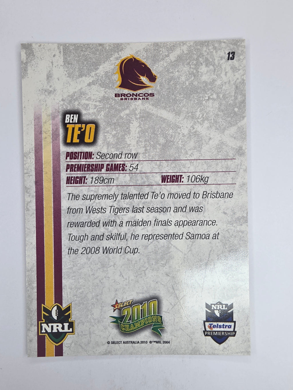 NRL 2010 Champions Base Card #13 Ben Te’o Brisbane Broncos