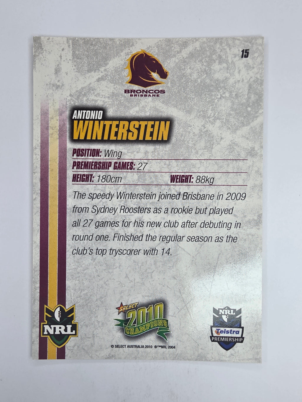 NRL 2010 Champions Base Card #15 Antonio Winterstein Brisbane Broncos