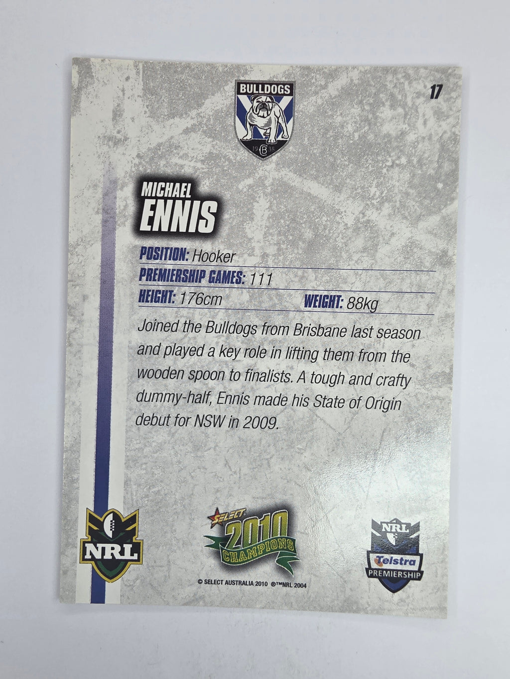 NRL 2010 Champions Base Card #17 Michael Ennis Canterbury Bankstown Bulldogs