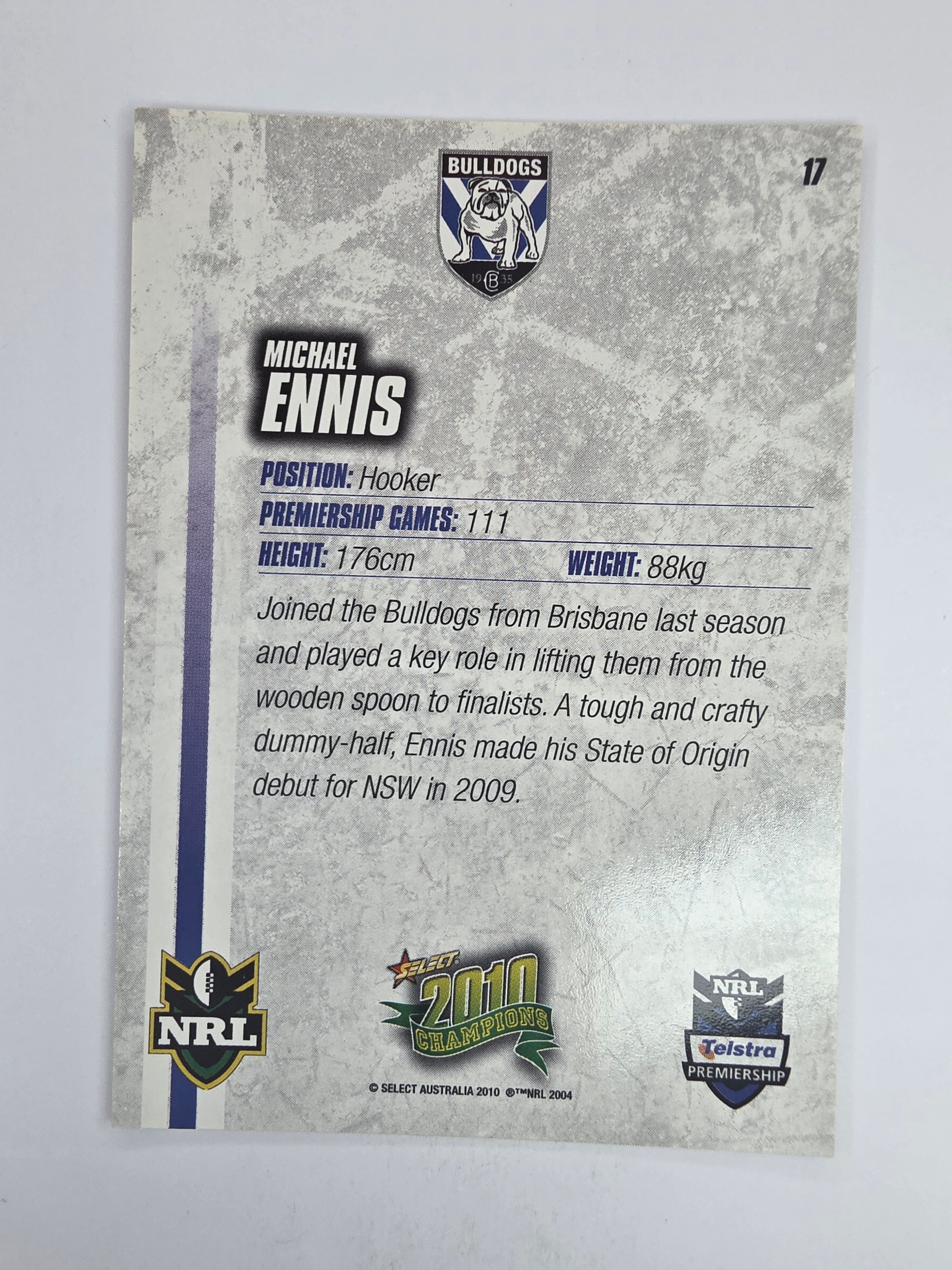 NRL 2010 Champions Base Card #17 Michael Ennis Canterbury Bankstown Bulldogs