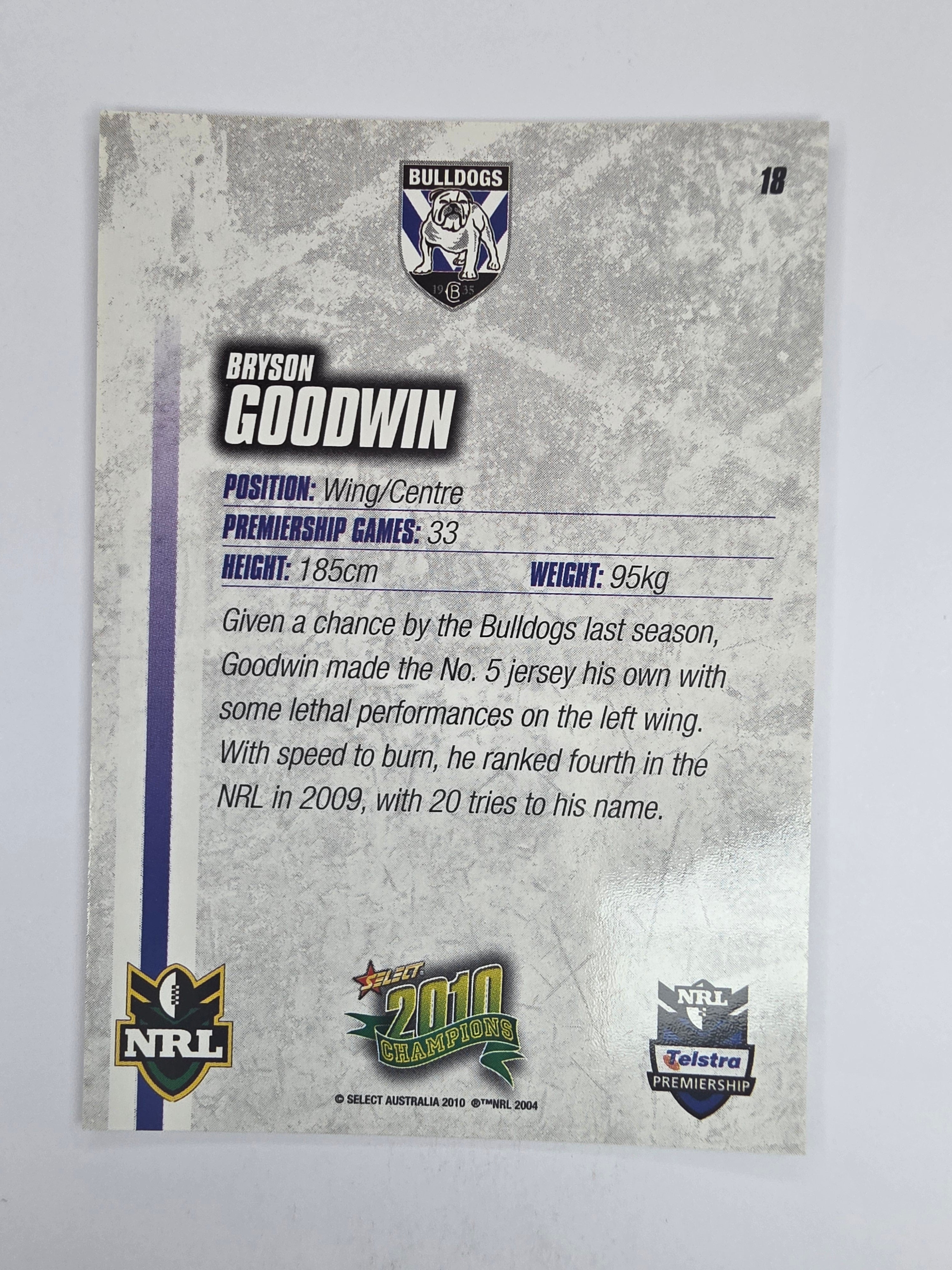 NRL 2010 Champions Base Card #18 Bryson Goodwin Canterbury Bankstown Bulldogs