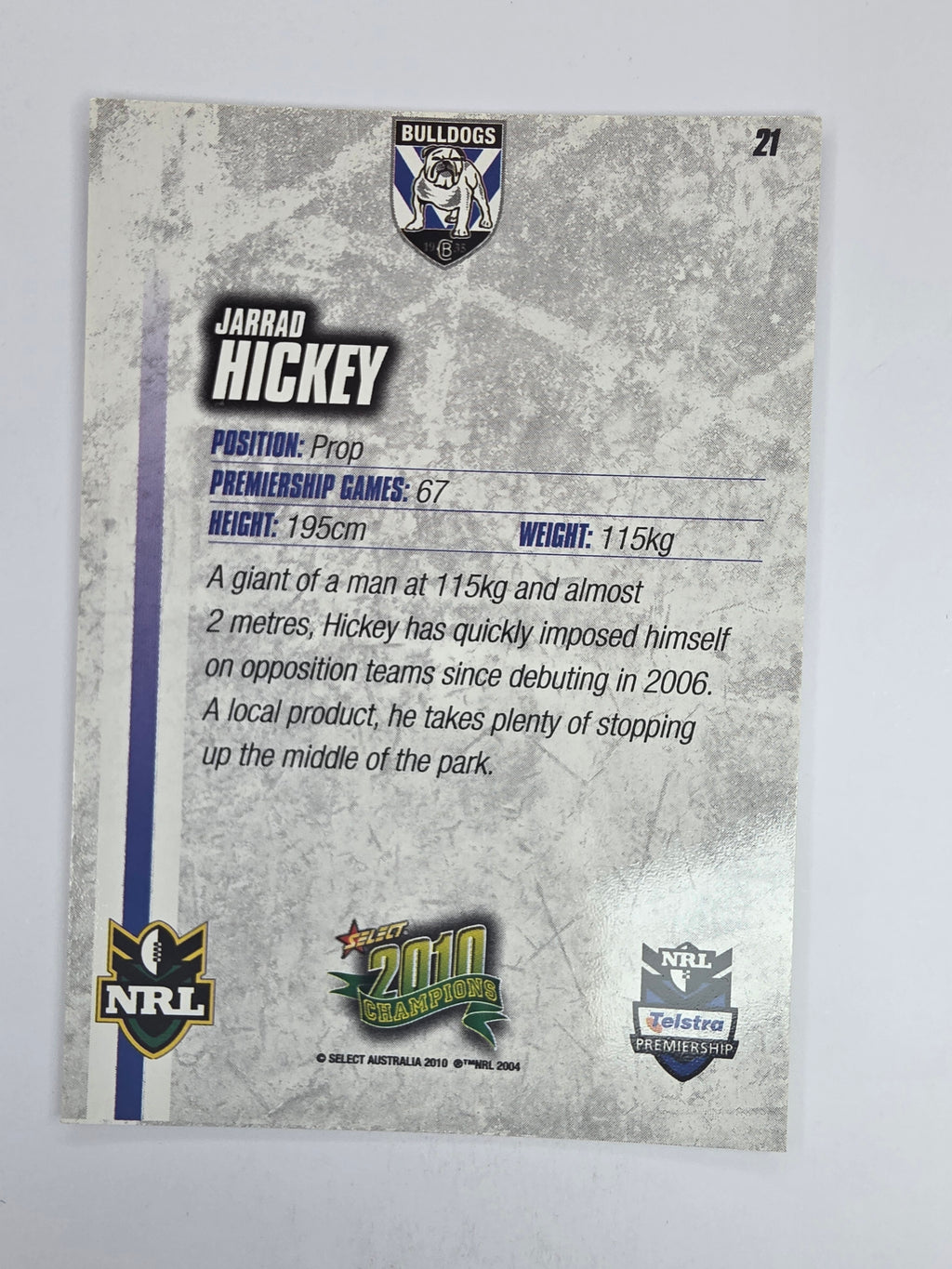 NRL 2010 Champions Base Card #21 Jarrad Hickey Canterbury Bankstown Bulldogs