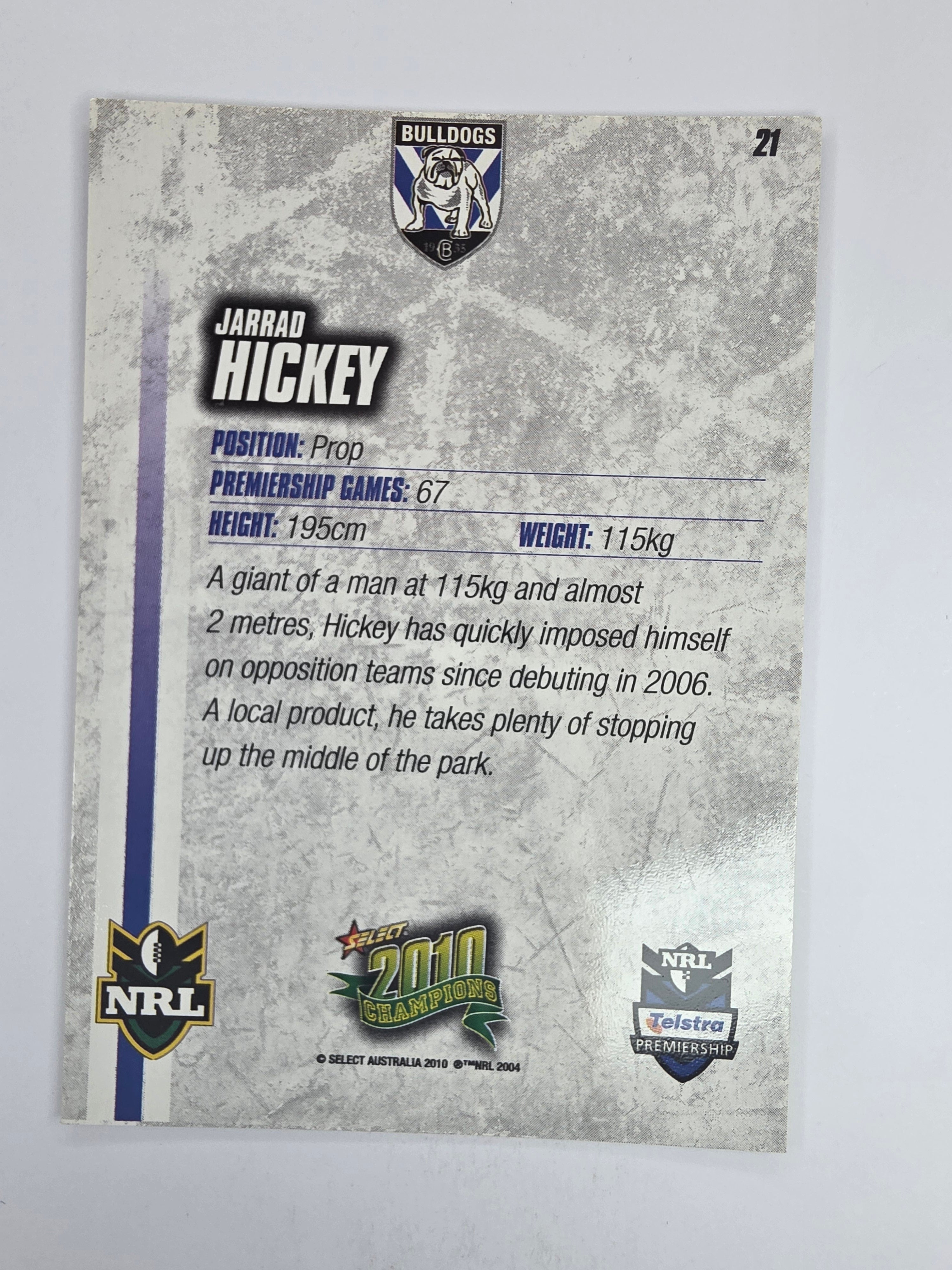 NRL 2010 Champions Base Card #21 Jarrad Hickey Canterbury Bankstown Bulldogs