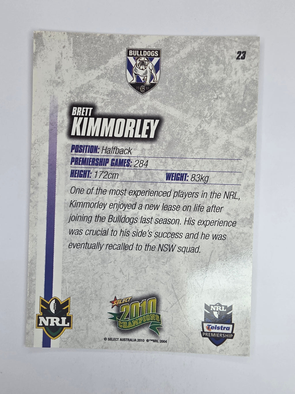 NRL 2010 Champions Base Card #23 Brett Kimmorley Canterbury Bankstown Bulldogs
