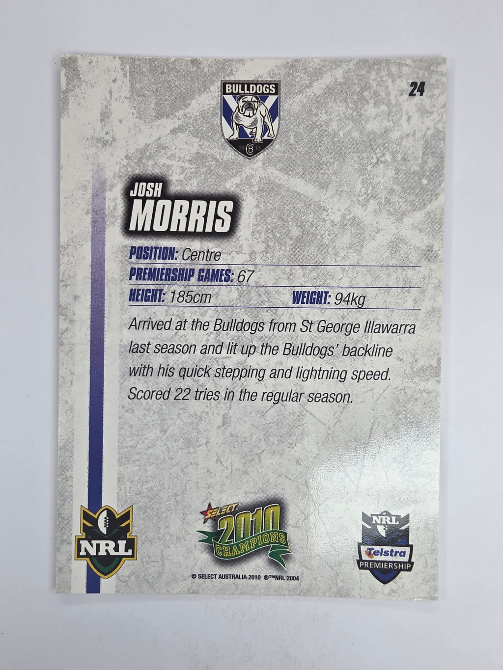 NRL 2010 Champions Base Card #24 Josh Morris Canterbury Bankstown Bulldogs