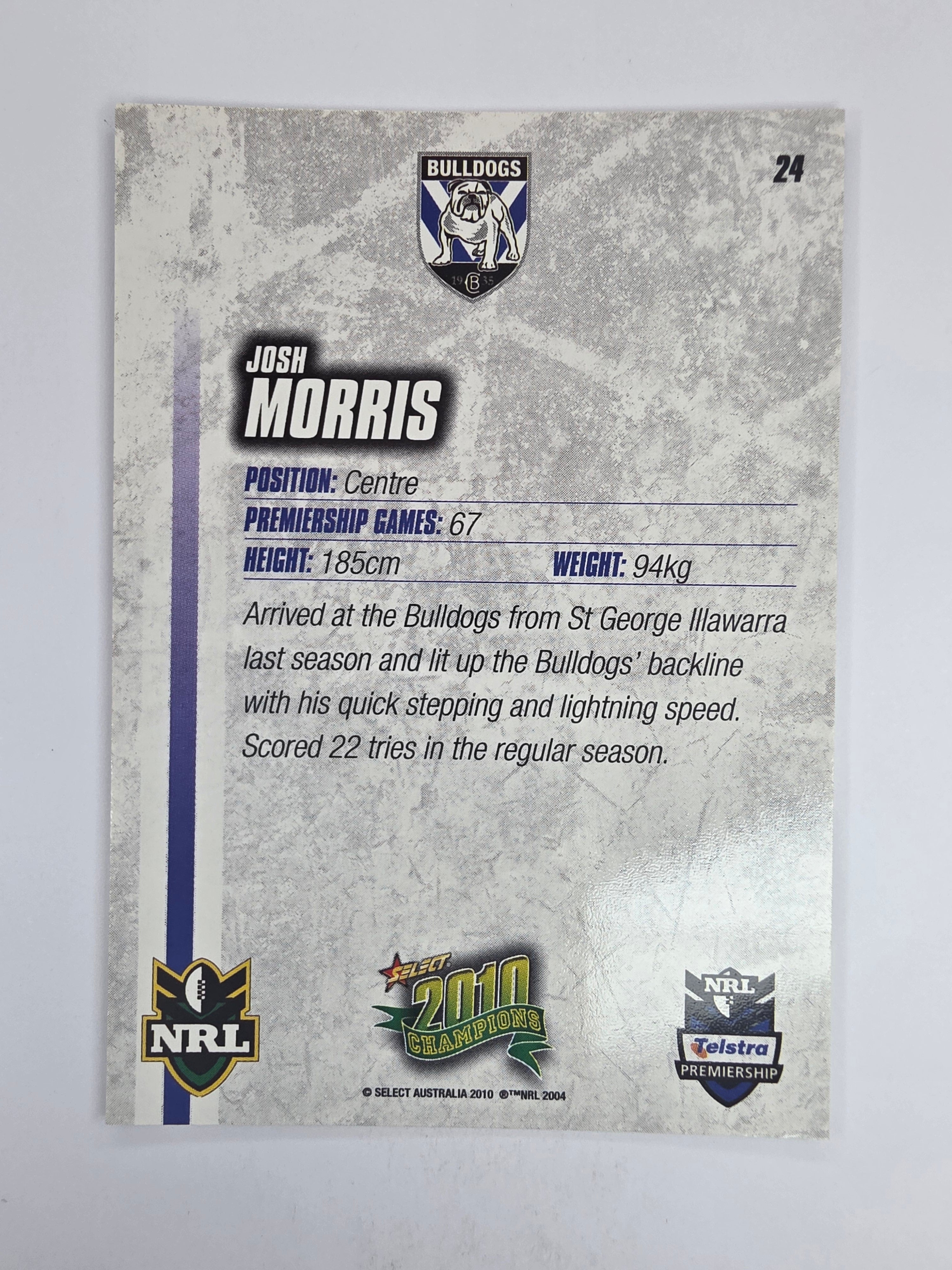 NRL 2010 Champions Base Card #24 Josh Morris Canterbury Bankstown Bulldogs