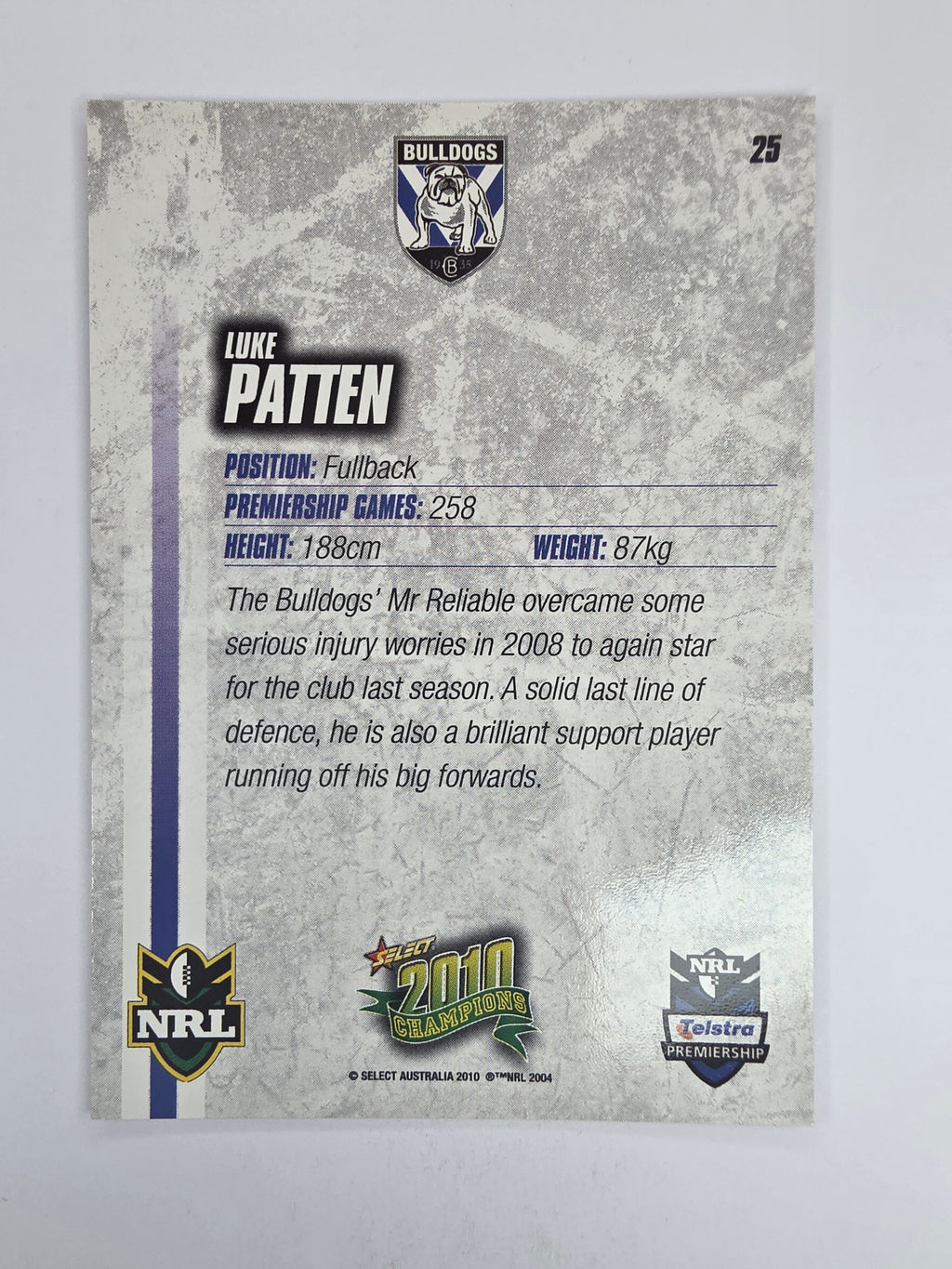 NRL 2010 Champions Base Card #25 Luke Patten Canterbury Bankstown Bulldogs