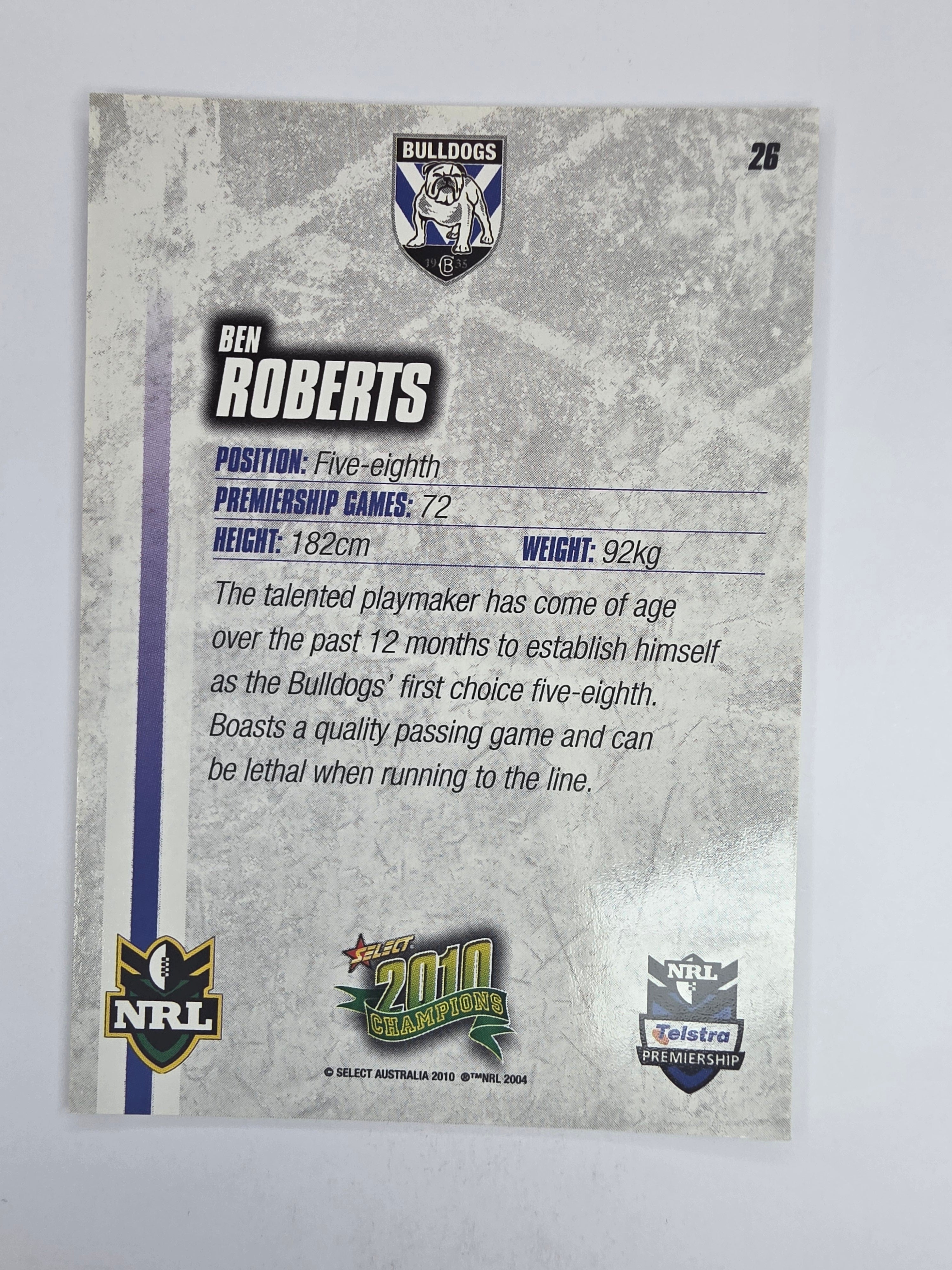 NRL 2010 Champions Base Card #26 Ben Roberts Canterbury Bankstown Bulldogs