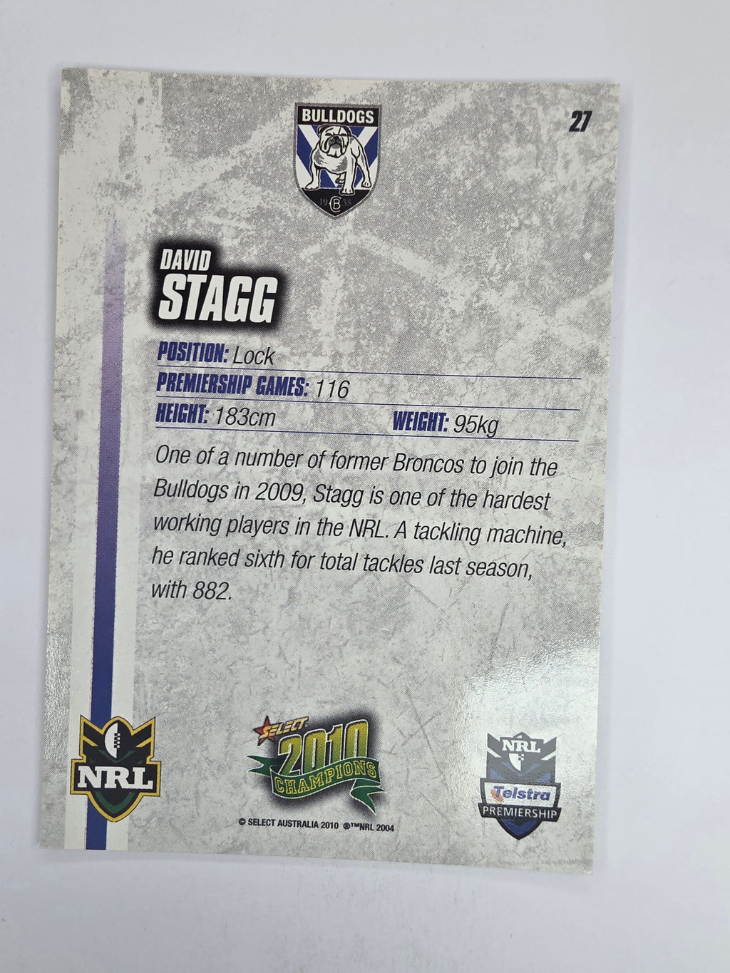 NRL 2010 Champions Base Card #27 David Stagg Canterbury Bankstown Bulldogs