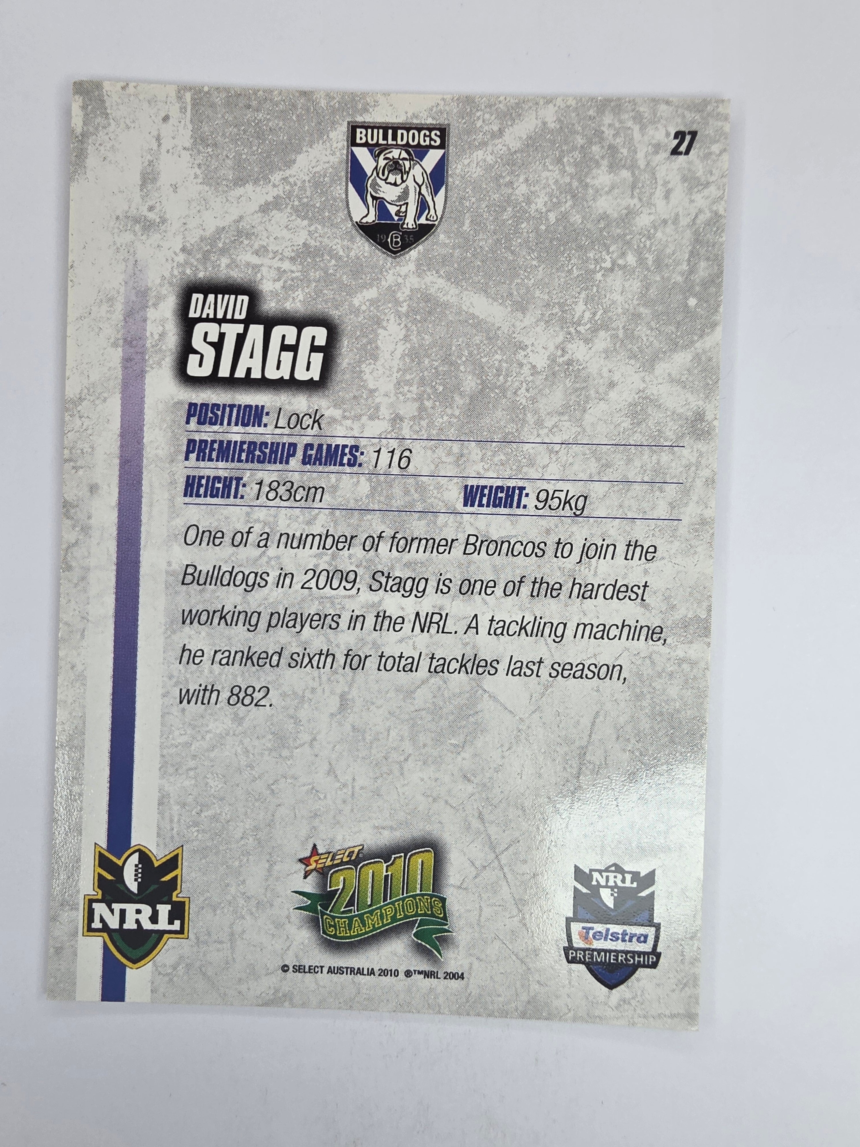 NRL 2010 Champions Base Card #27 David Stagg Canterbury Bankstown Bulldogs