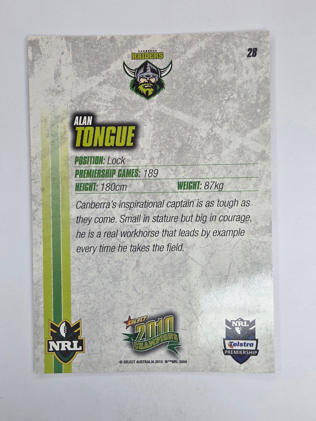 NRL 2010 Champions Base Card #28 Alan Tongue Canberra Raiders