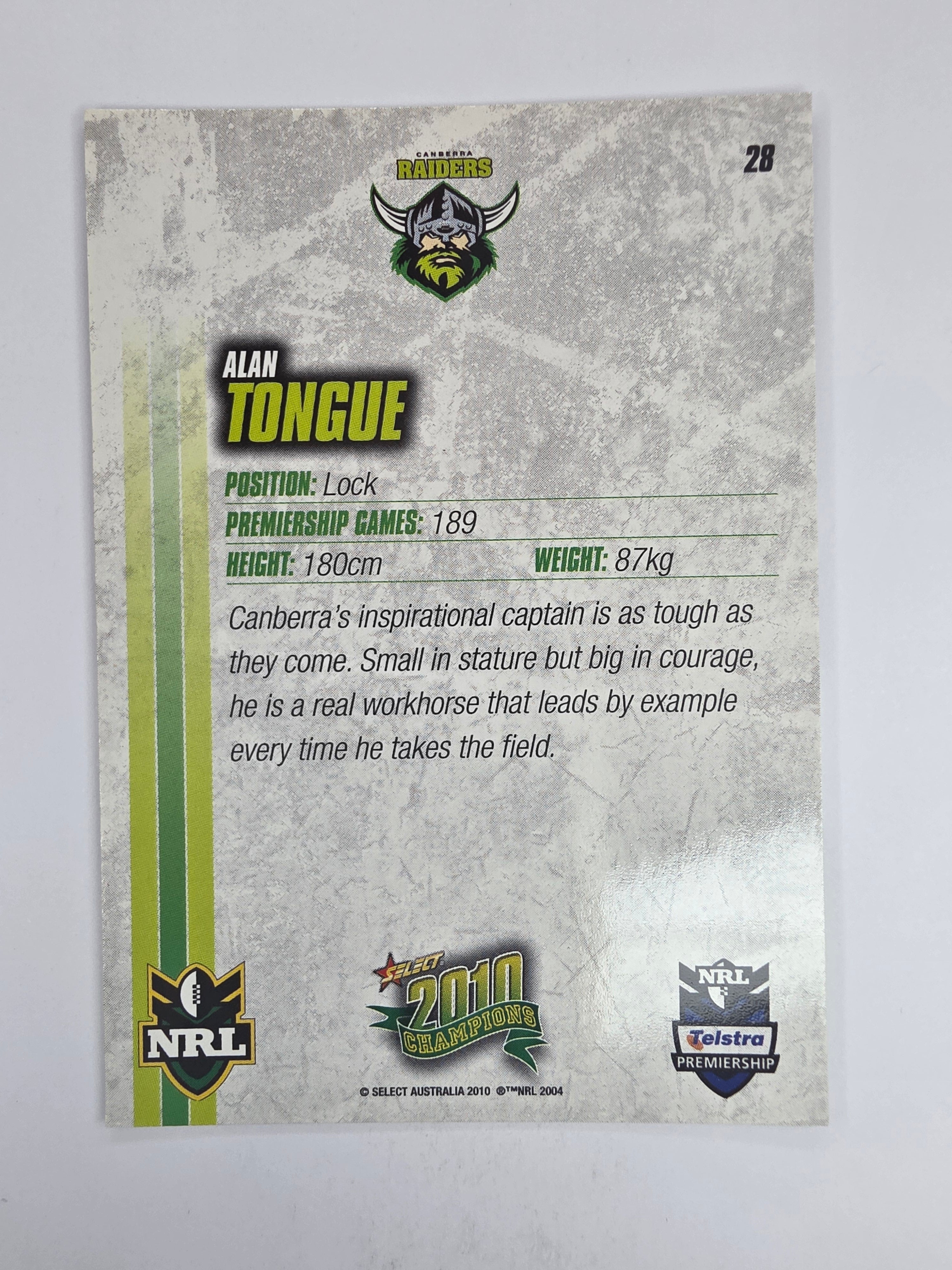 NRL 2010 Champions Base Card #28 Alan Tongue Canberra Raiders