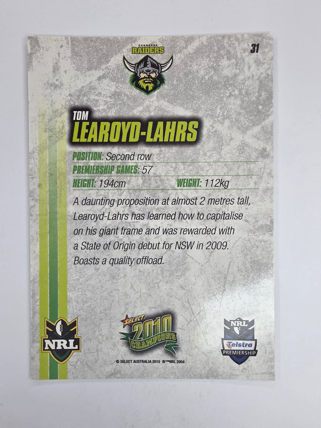 NRL 2010 Champions Base Card #31 Tom Learoyd-Lahrs Canberra Raiders