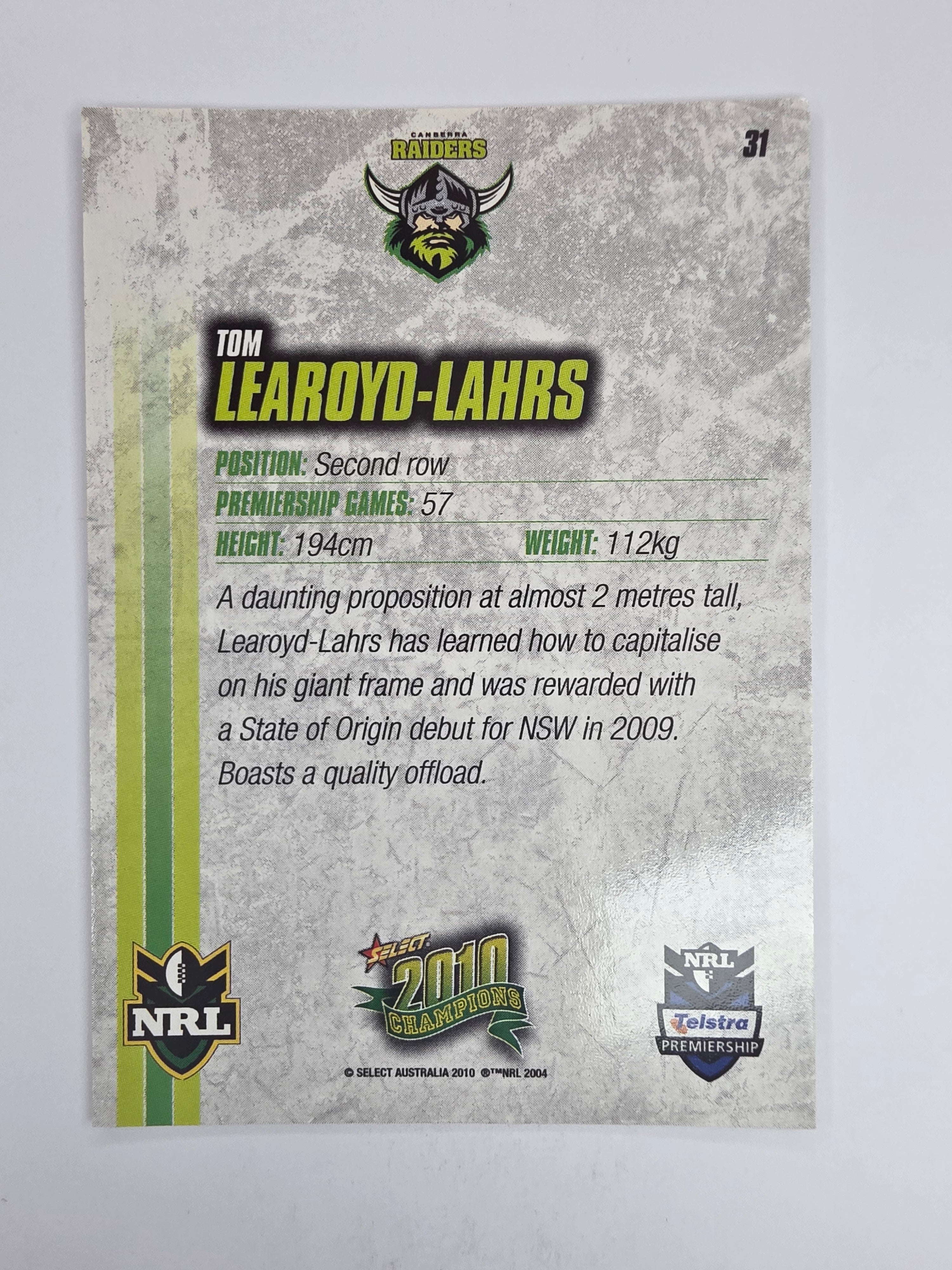 NRL 2010 Champions Base Card #31 Tom Learoyd-Lahrs Canberra Raiders