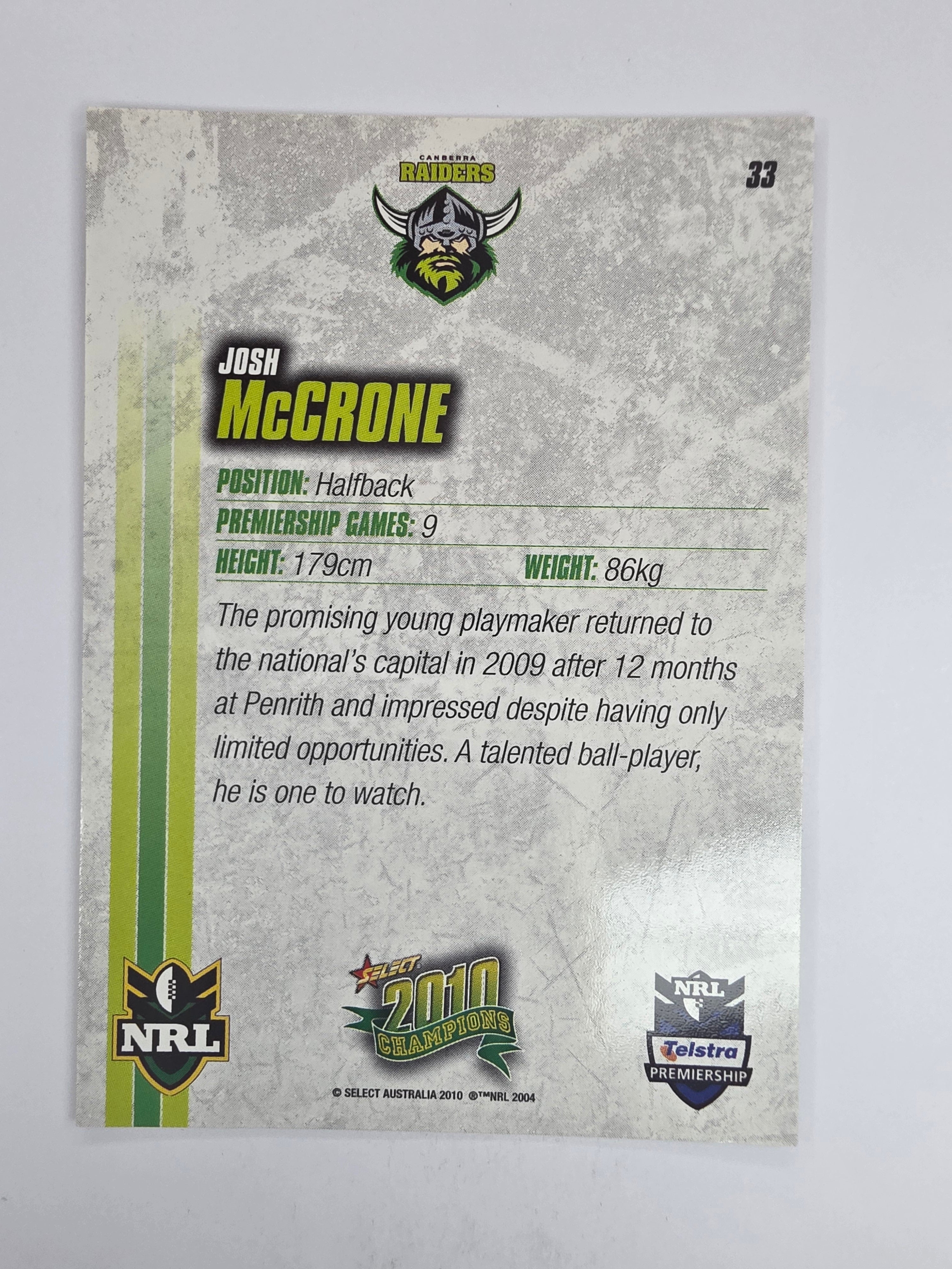 NRL 2010 Champions Base Card #33 Josh McCrone Canberra Raiders