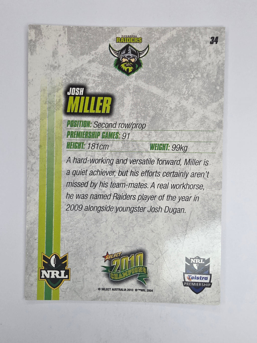 NRL 2010 Champions Base Card #34 Josh Miller Canberra Raiders