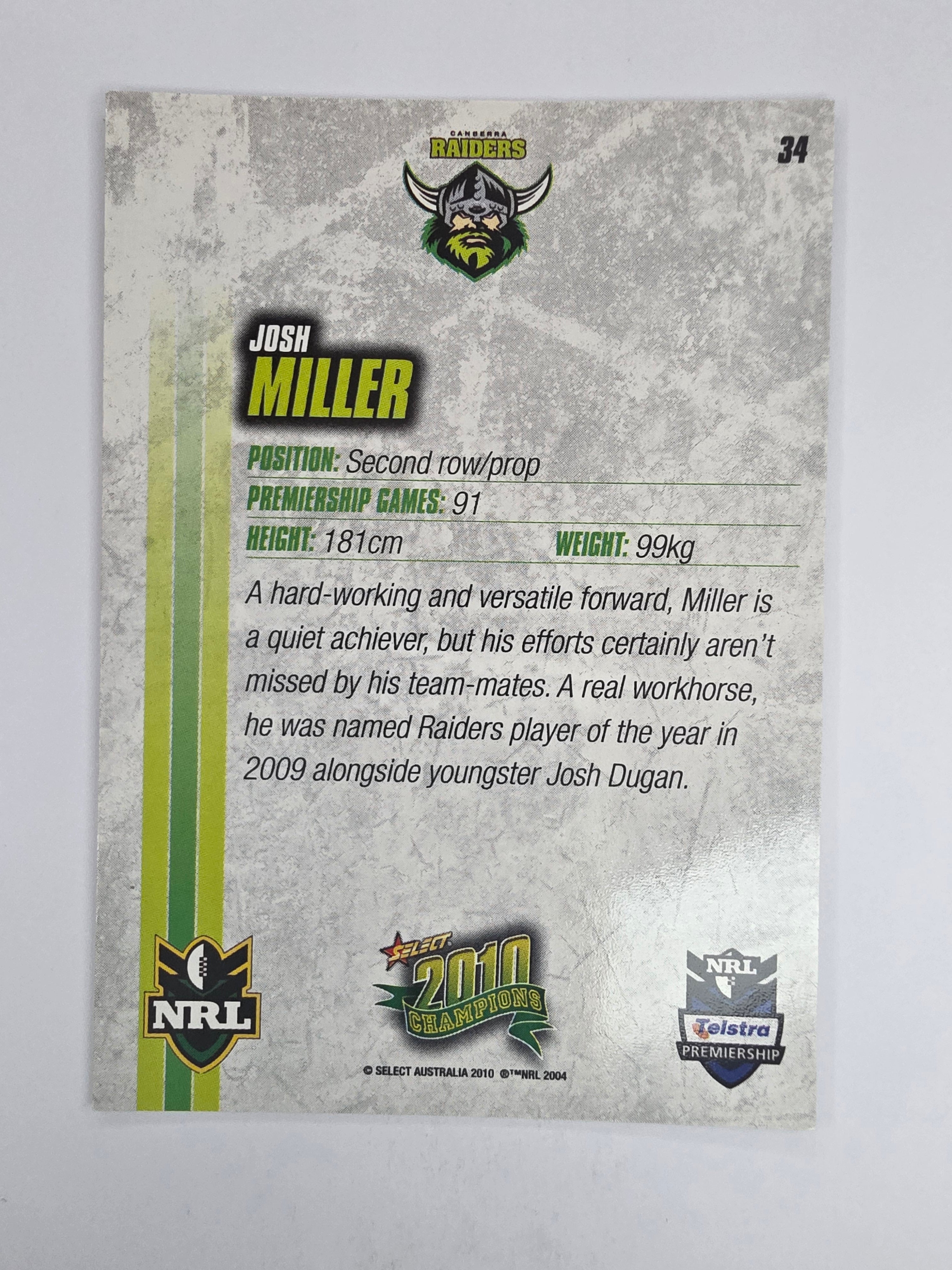 NRL 2010 Champions Base Card #34 Josh Miller Canberra Raiders