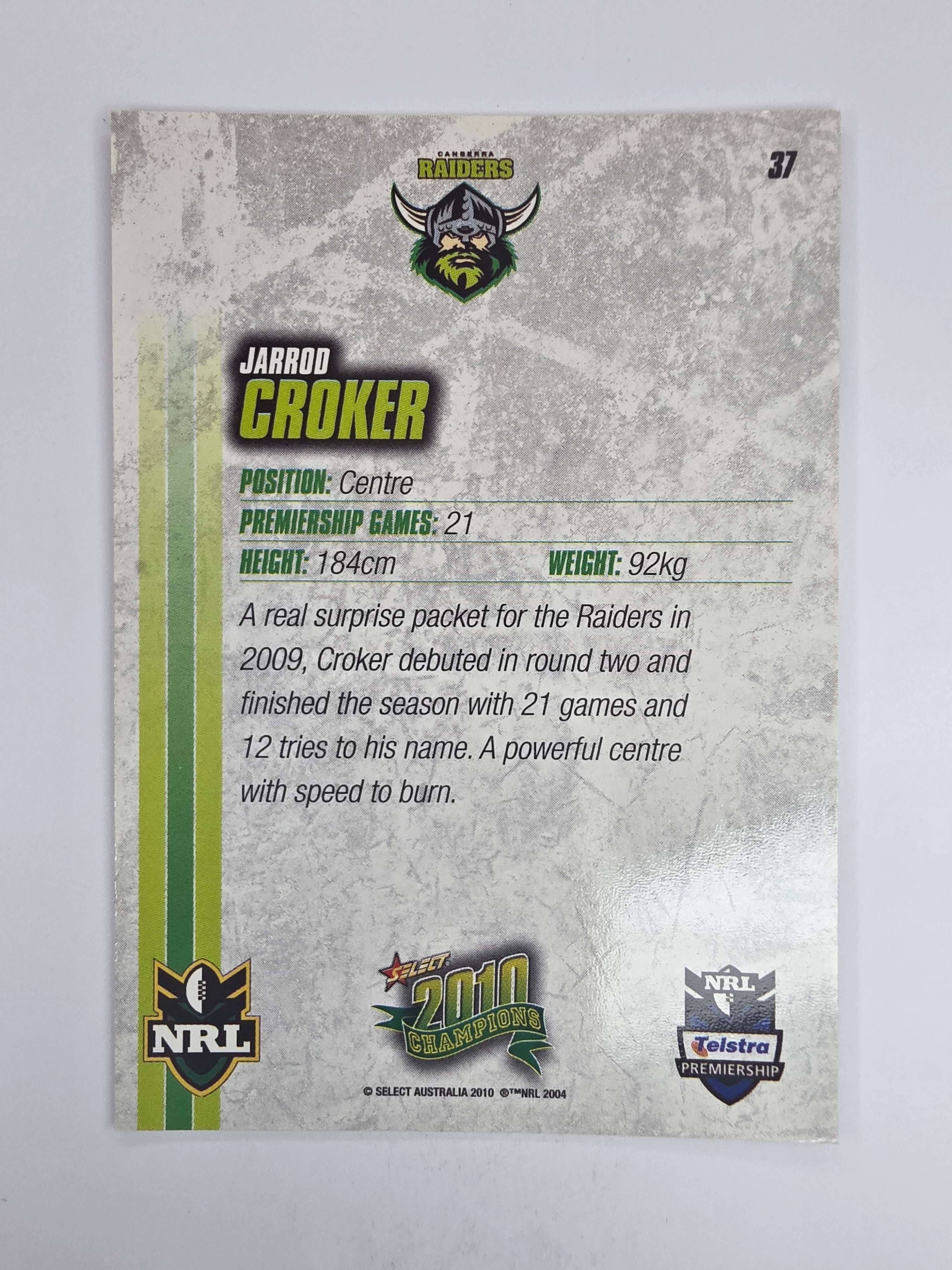 NRL 2010 Champions Base Card #37 Jarrod Croker Canberra Raiders