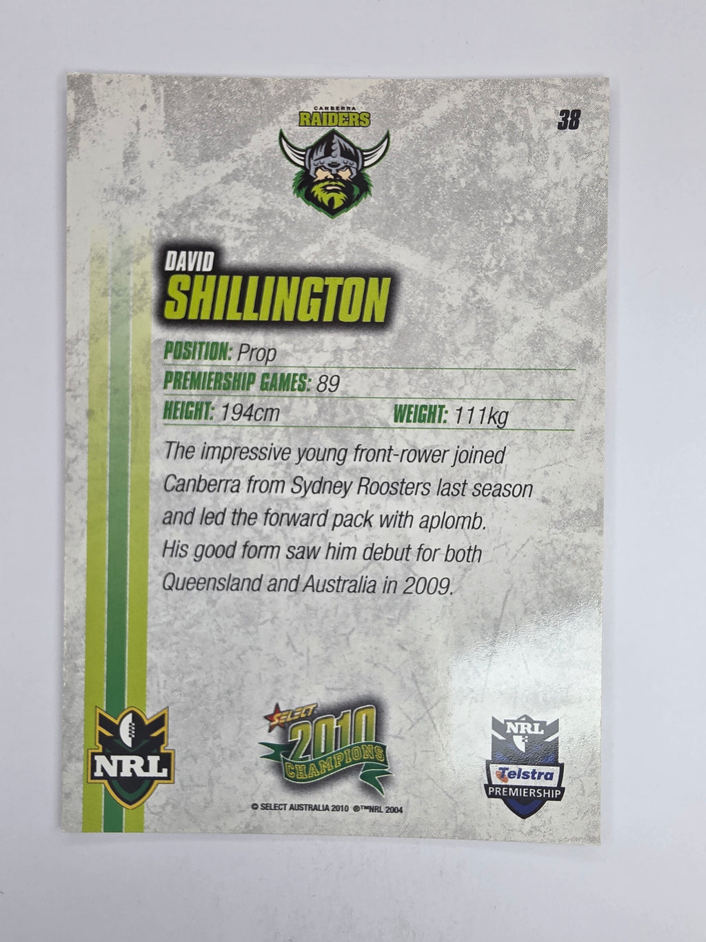 NRL 2010 Champions Base Card #38 David Shillington Canberra Raiders