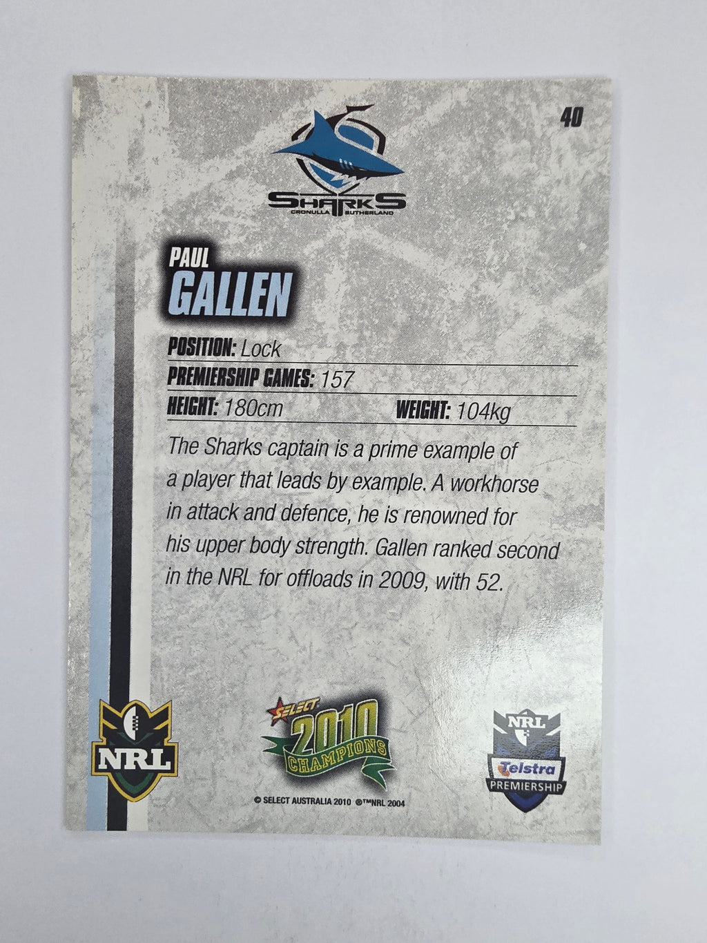 NRL 2010 Champions Base Card #40 Paul Gallen Cronulla Sutherland Sharks