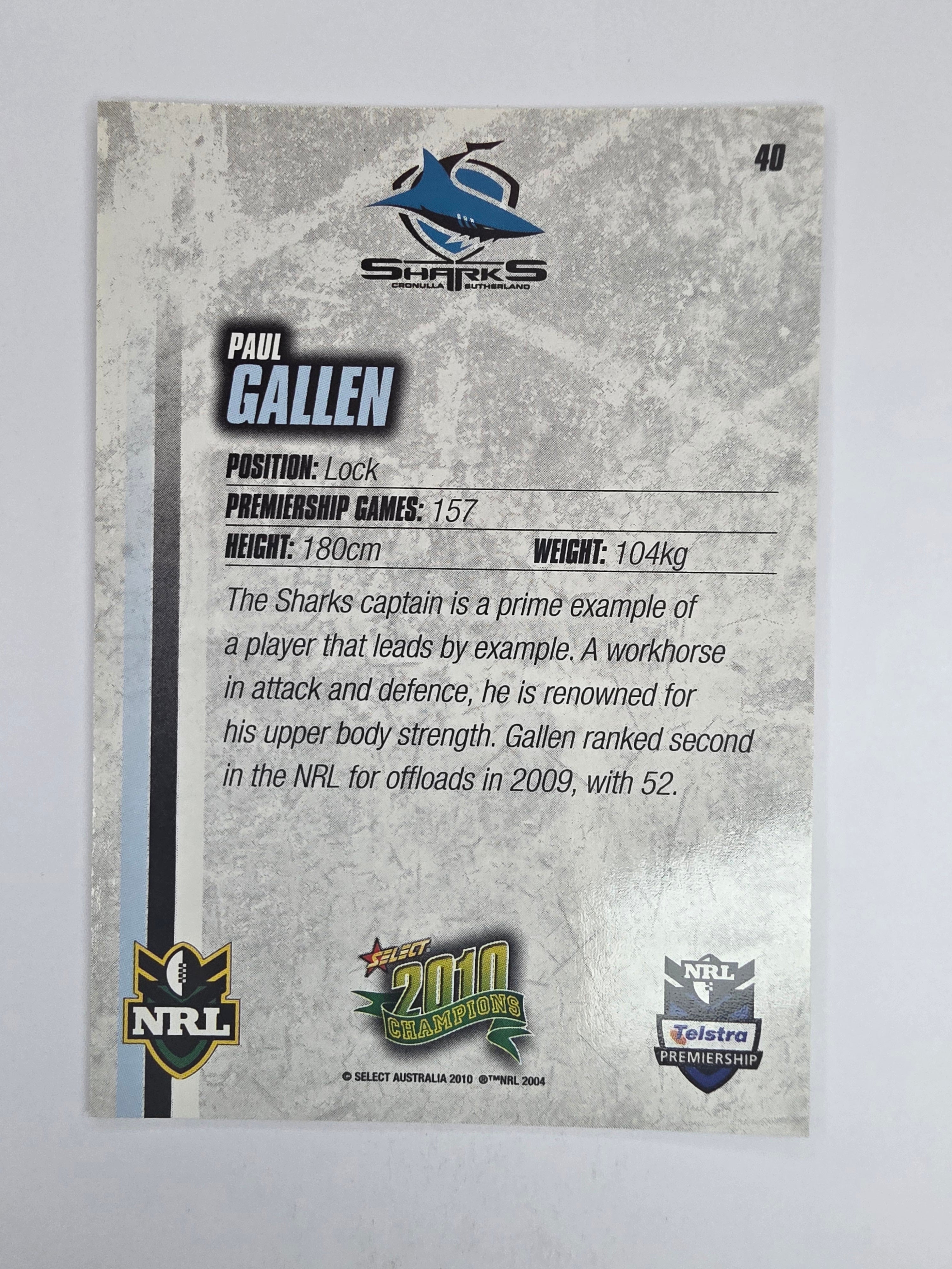 NRL 2010 Champions Base Card #40 Paul Gallen Cronulla Sutherland Sharks