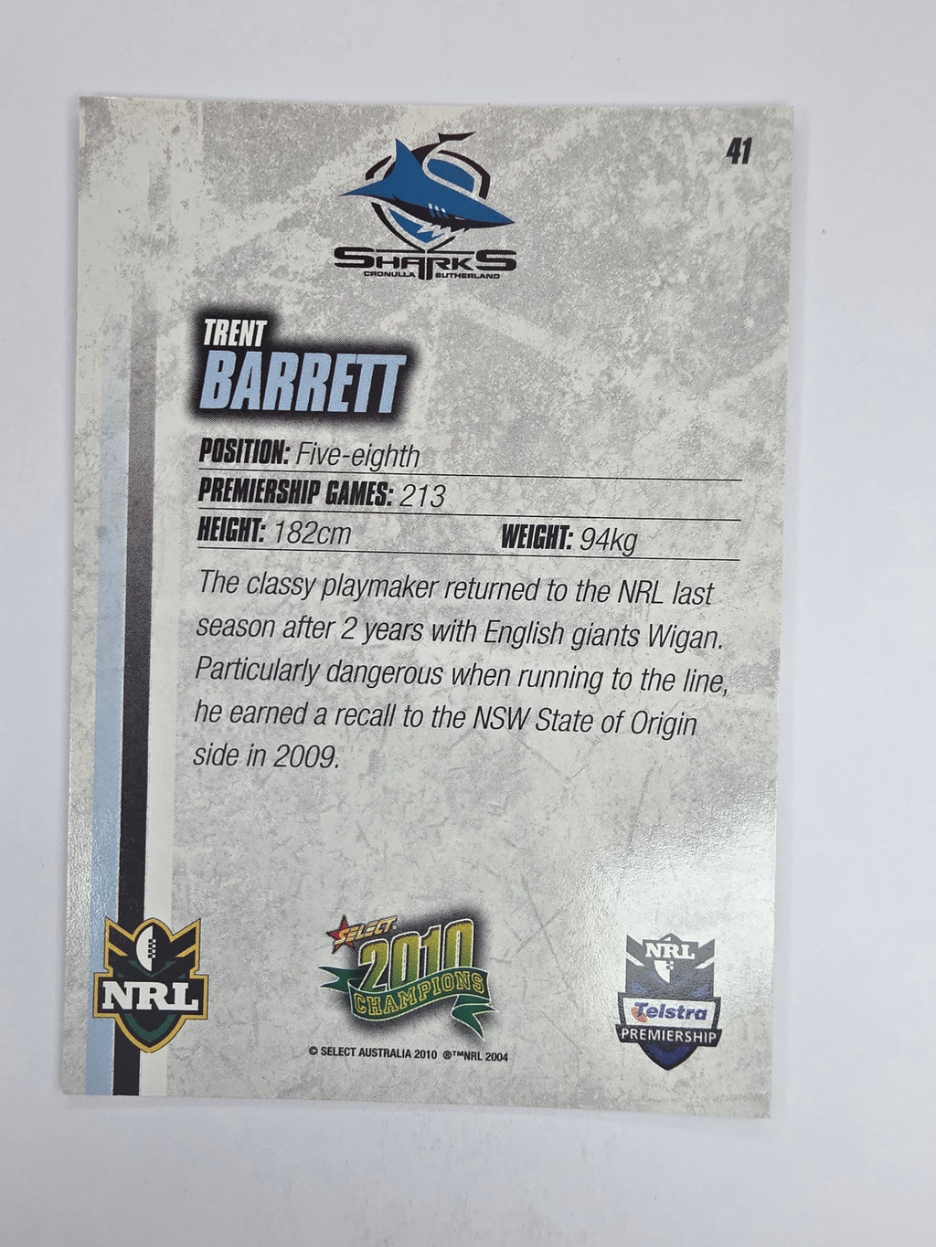 NRL 2010 Champions Base Card #41 Trent Barrett Cronulla Sutherland Sharks