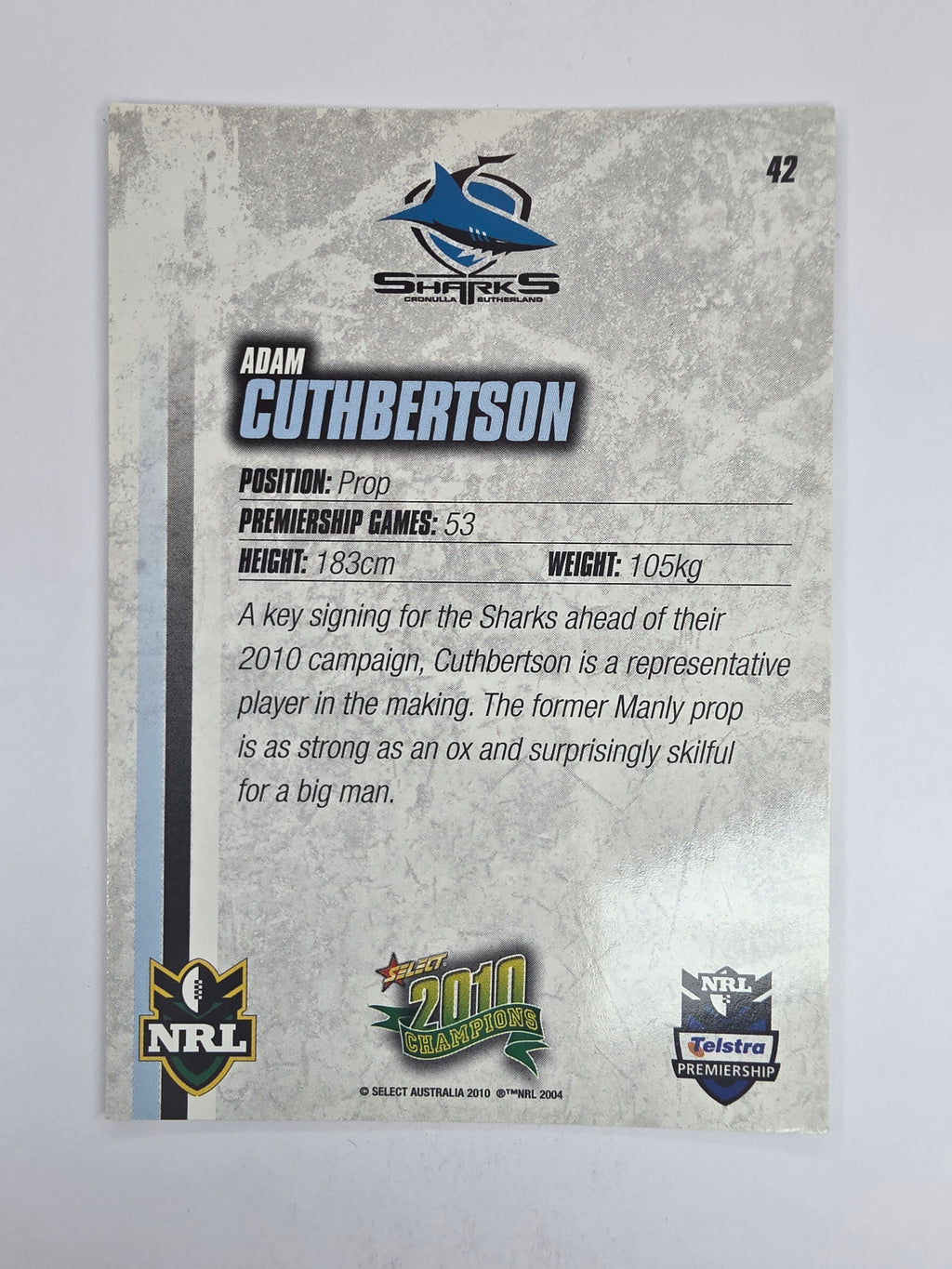NRL 2010 Champions Base Card #42 Adam Cuthbertson Cronulla Sutherland Sharks