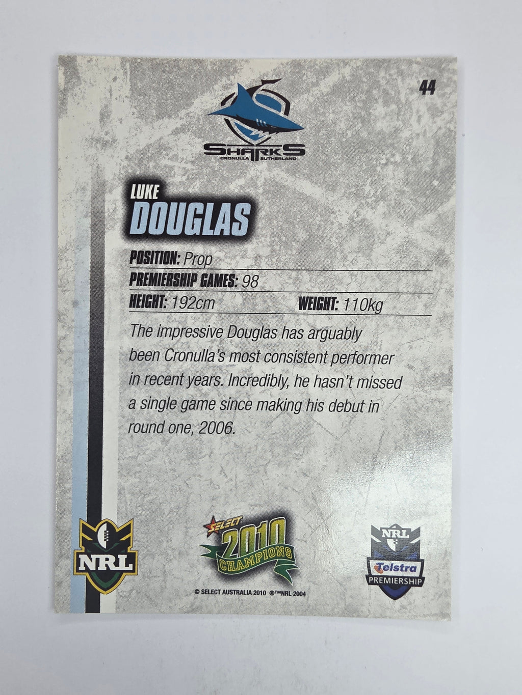 NRL 2010 Champions Base Card #44 Luke Douglas Cronulla Sutherland Sharks