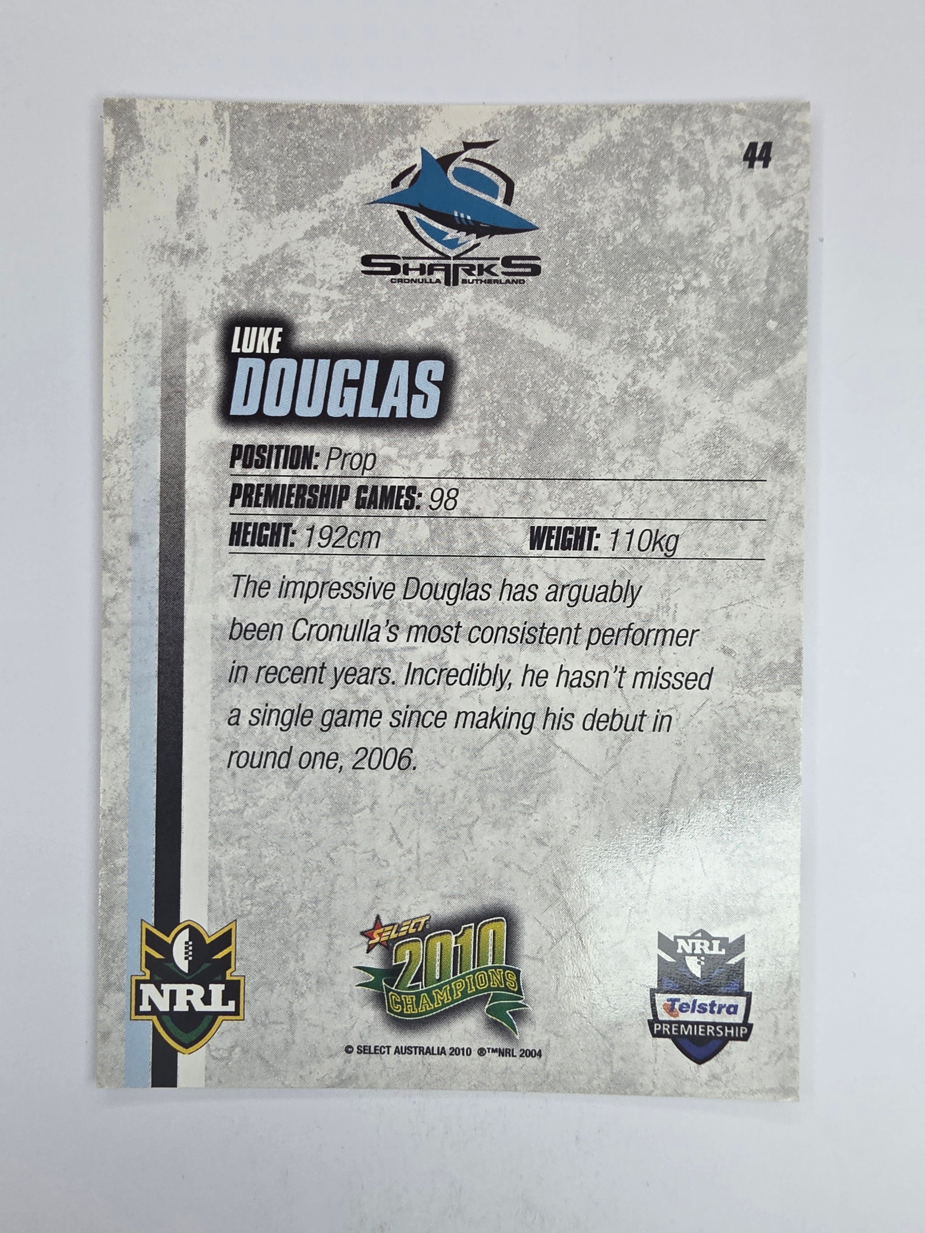 NRL 2010 Champions Base Card #44 Luke Douglas Cronulla Sutherland Sharks