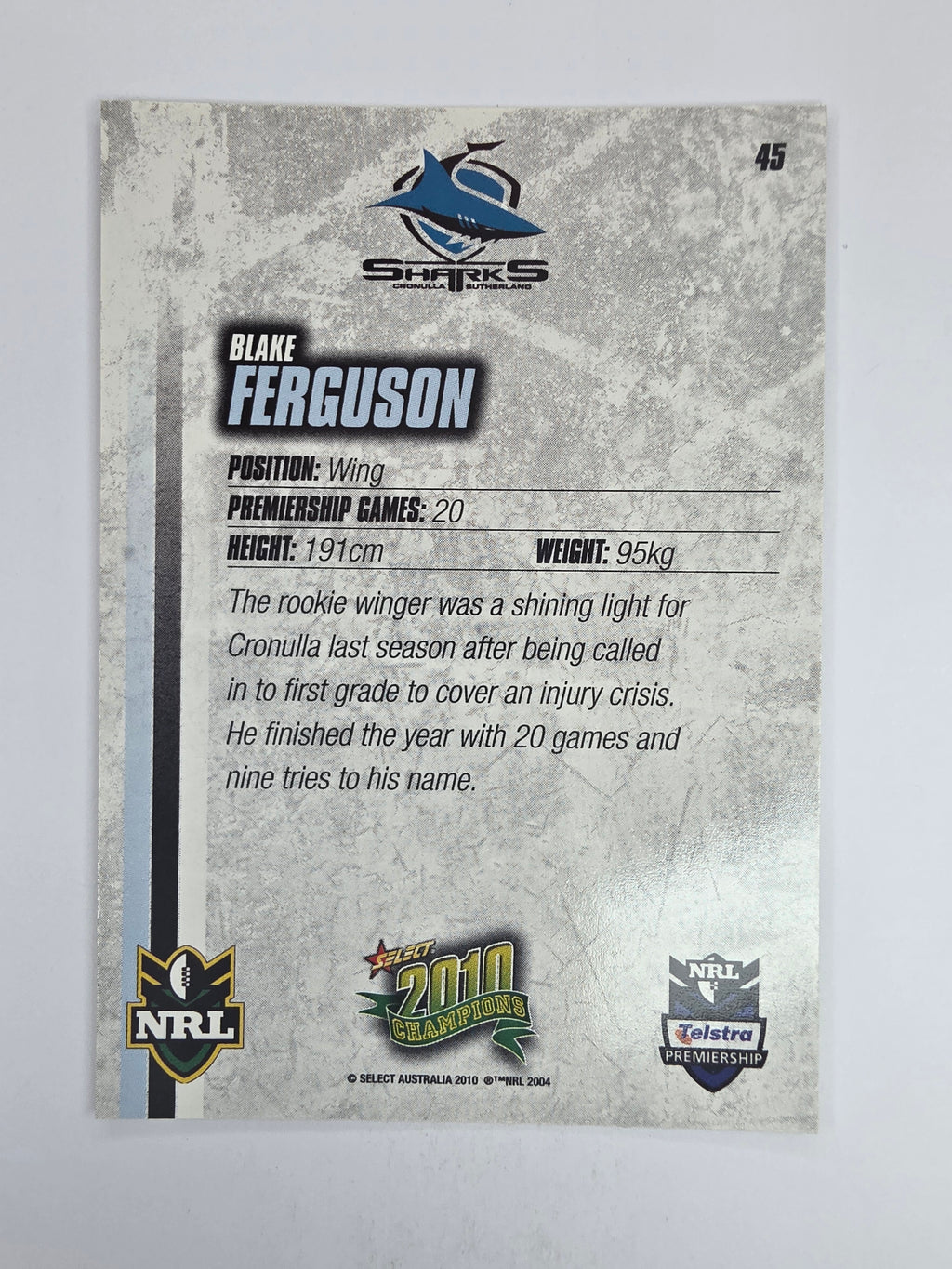 NRL 2010 Champions Base Card #45 Blake Ferguson Cronulla Sutherland Sharks