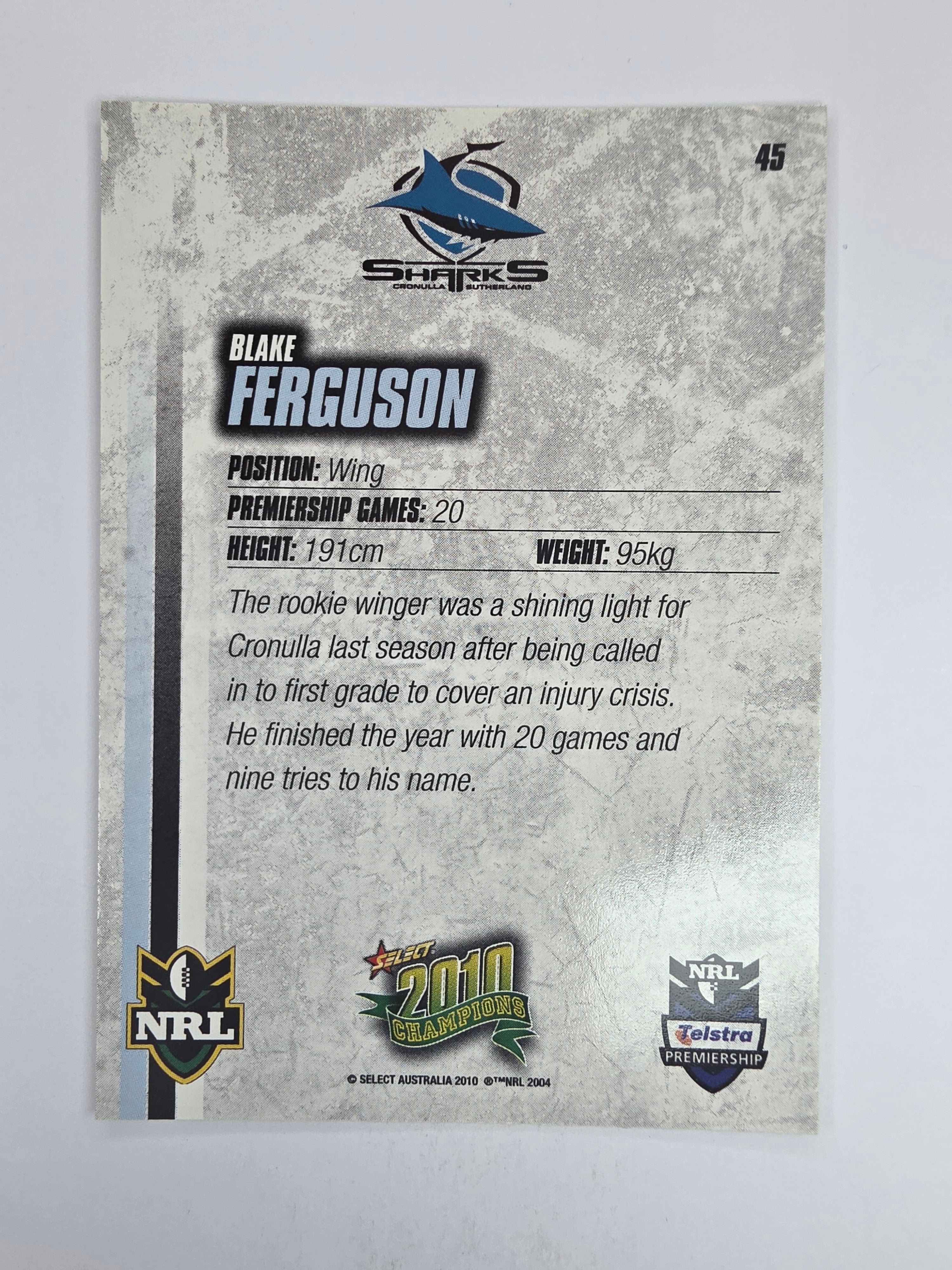NRL 2010 Champions Base Card #45 Blake Ferguson Cronulla Sutherland Sharks