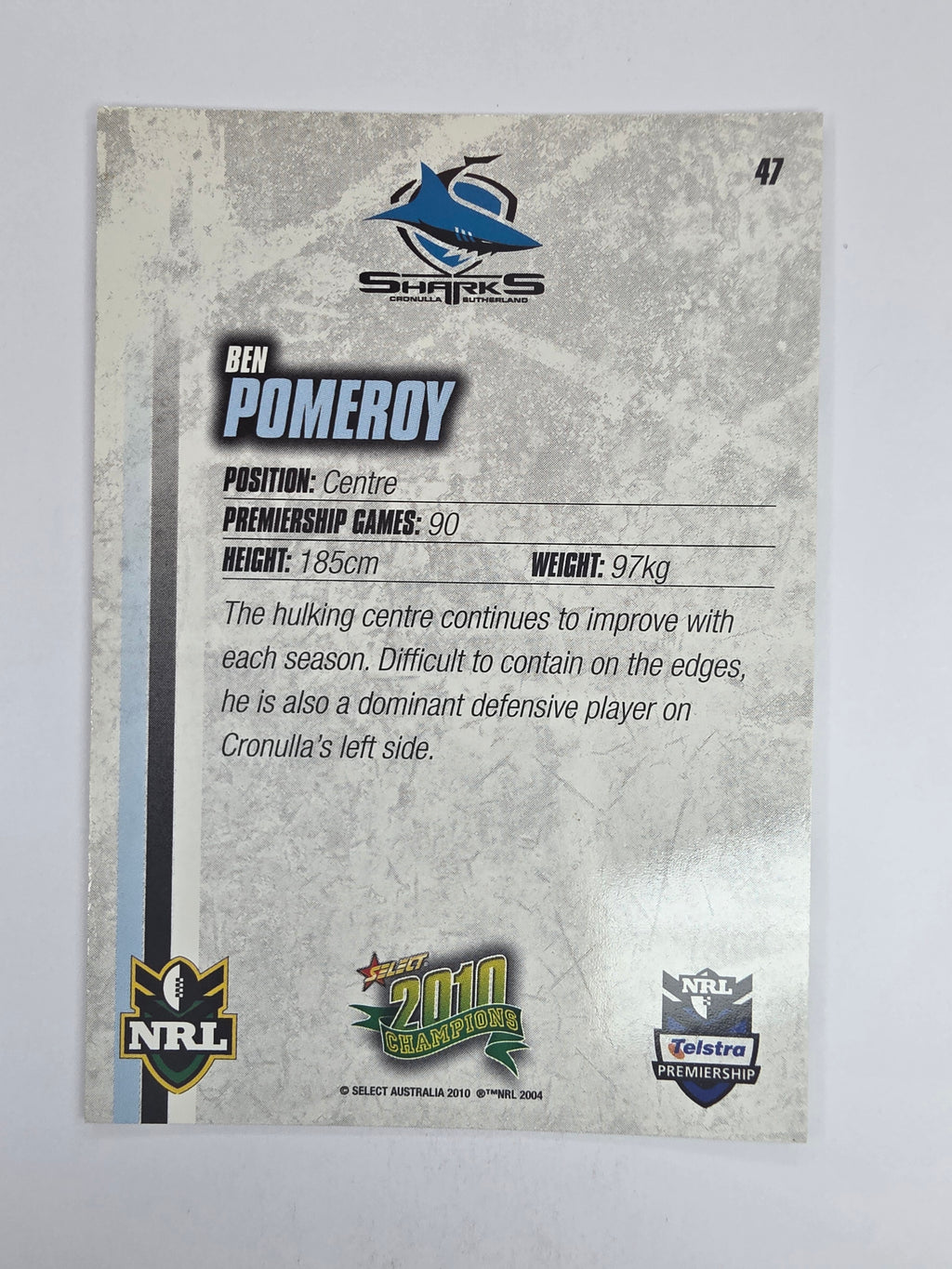 NRL 2010 Champions Base Card #47 Ben Pomeroy Cronulla Sutherland Sharks