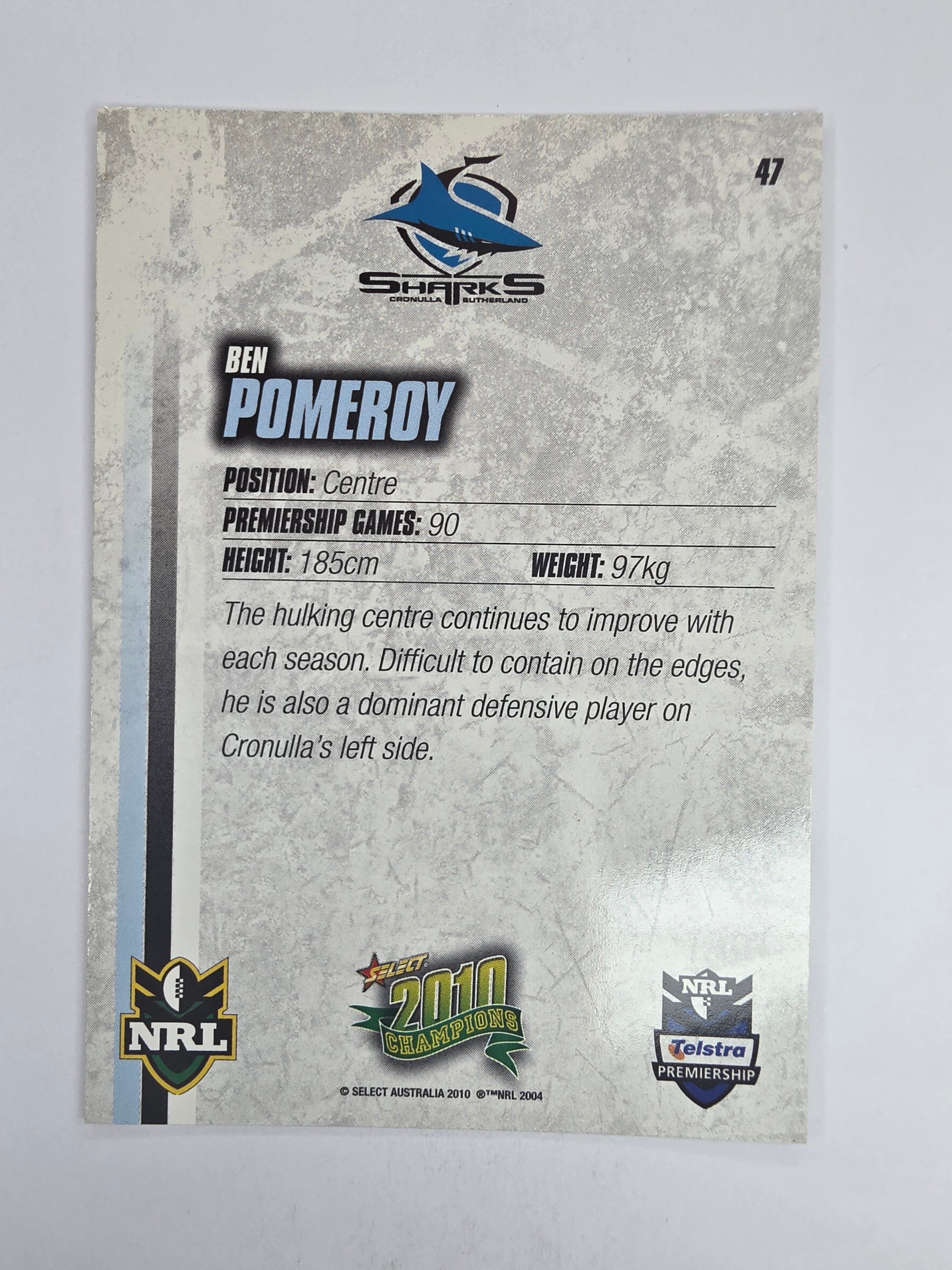 NRL 2010 Champions Base Card #47 Ben Pomeroy Cronulla Sutherland Sharks