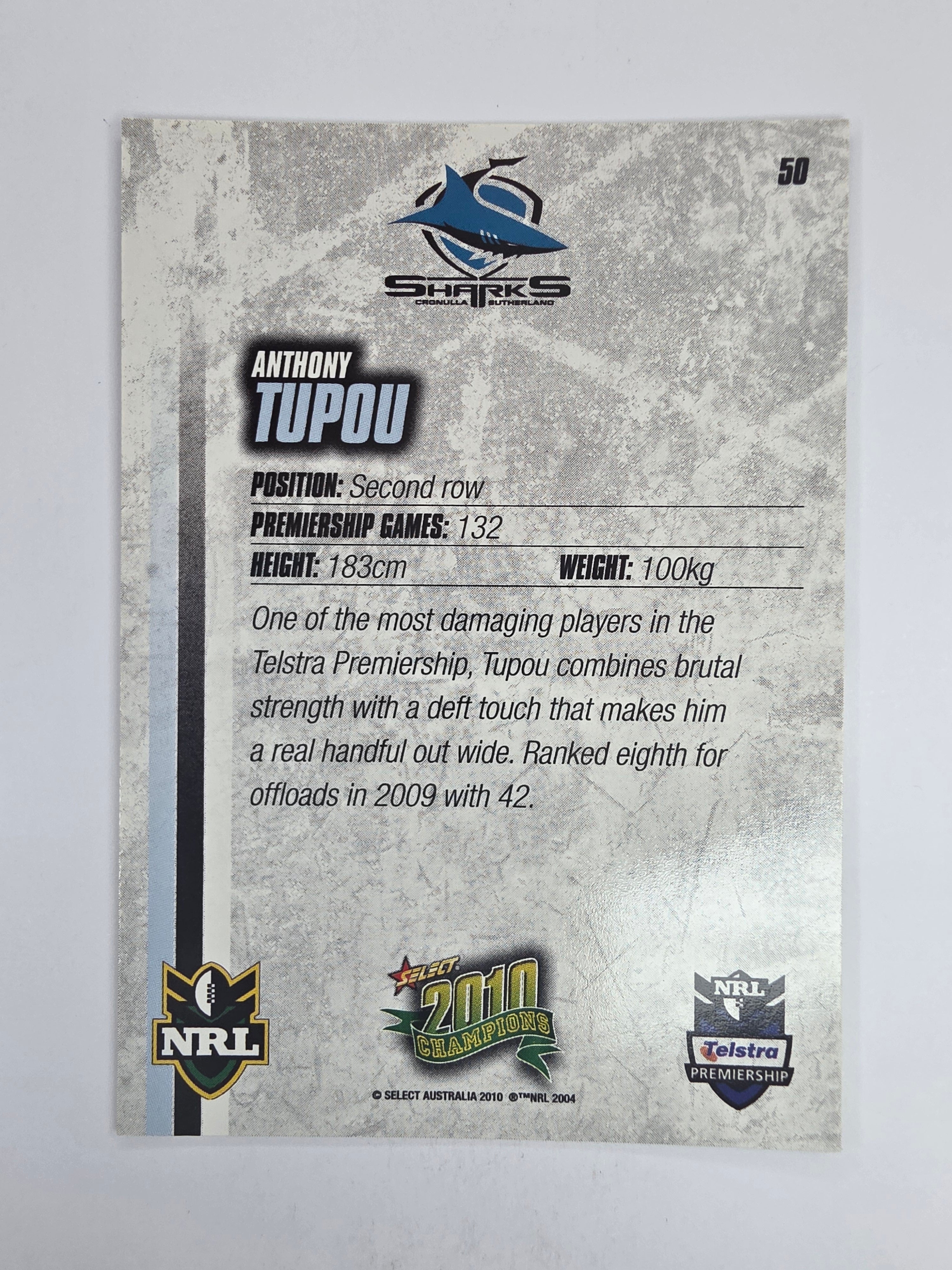 NRL 2010 Champions Base Card #50 Anthony Tupou Cronulla Sutherland Sharks