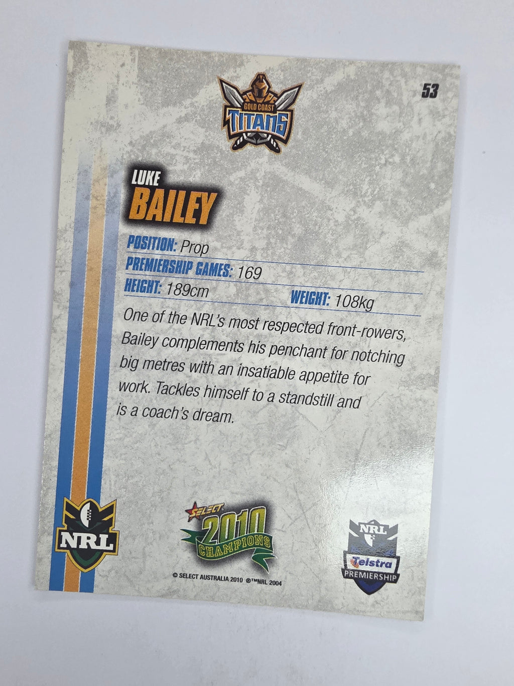 NRL 2010 Champions Base Card #53 Luke Bailey Gold Coast Titans