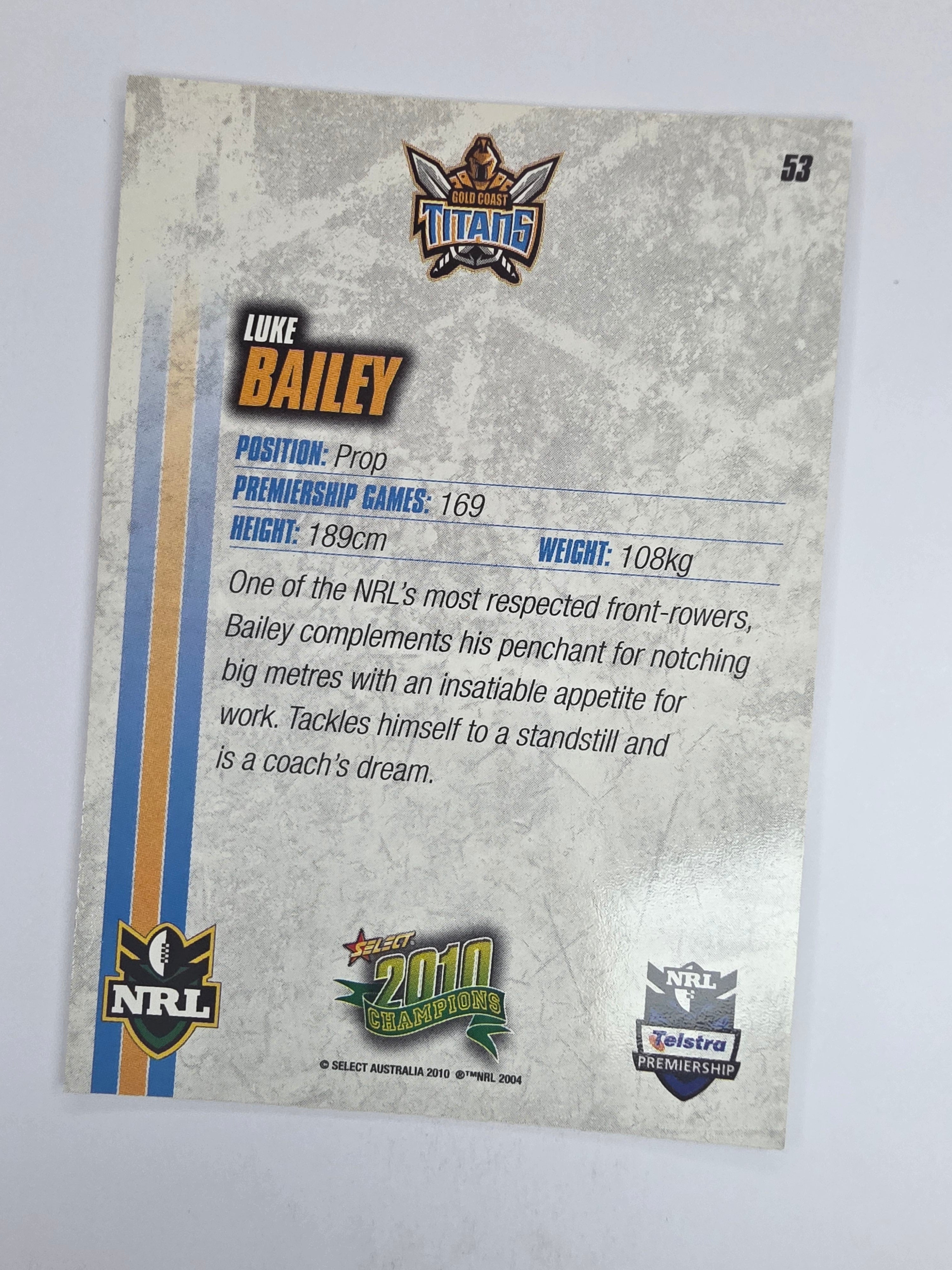 NRL 2010 Champions Base Card #53 Luke Bailey Gold Coast Titans
