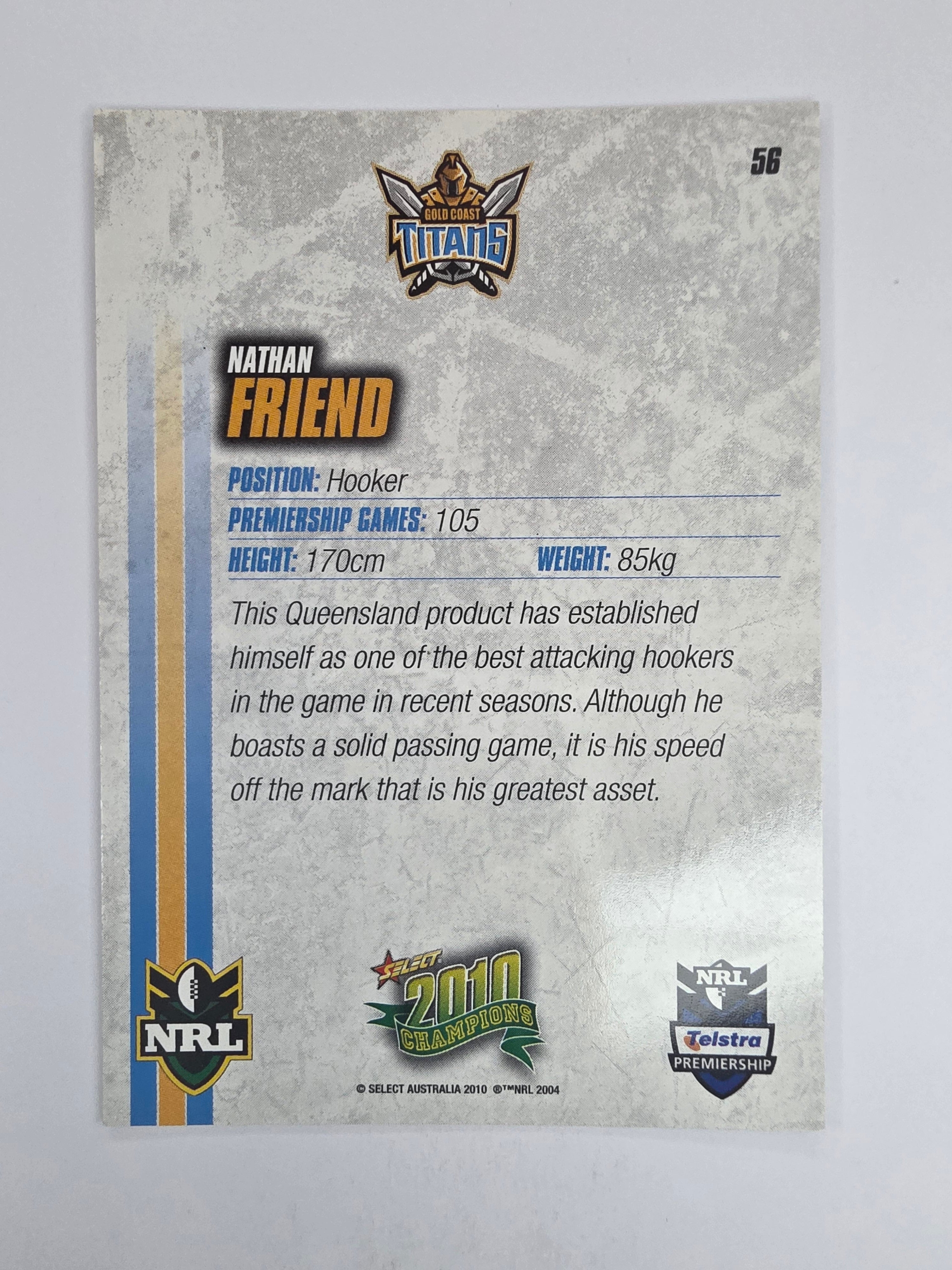 NRL 2010 Champions Base Card #56 Nathan Friend Gold Coast Titans