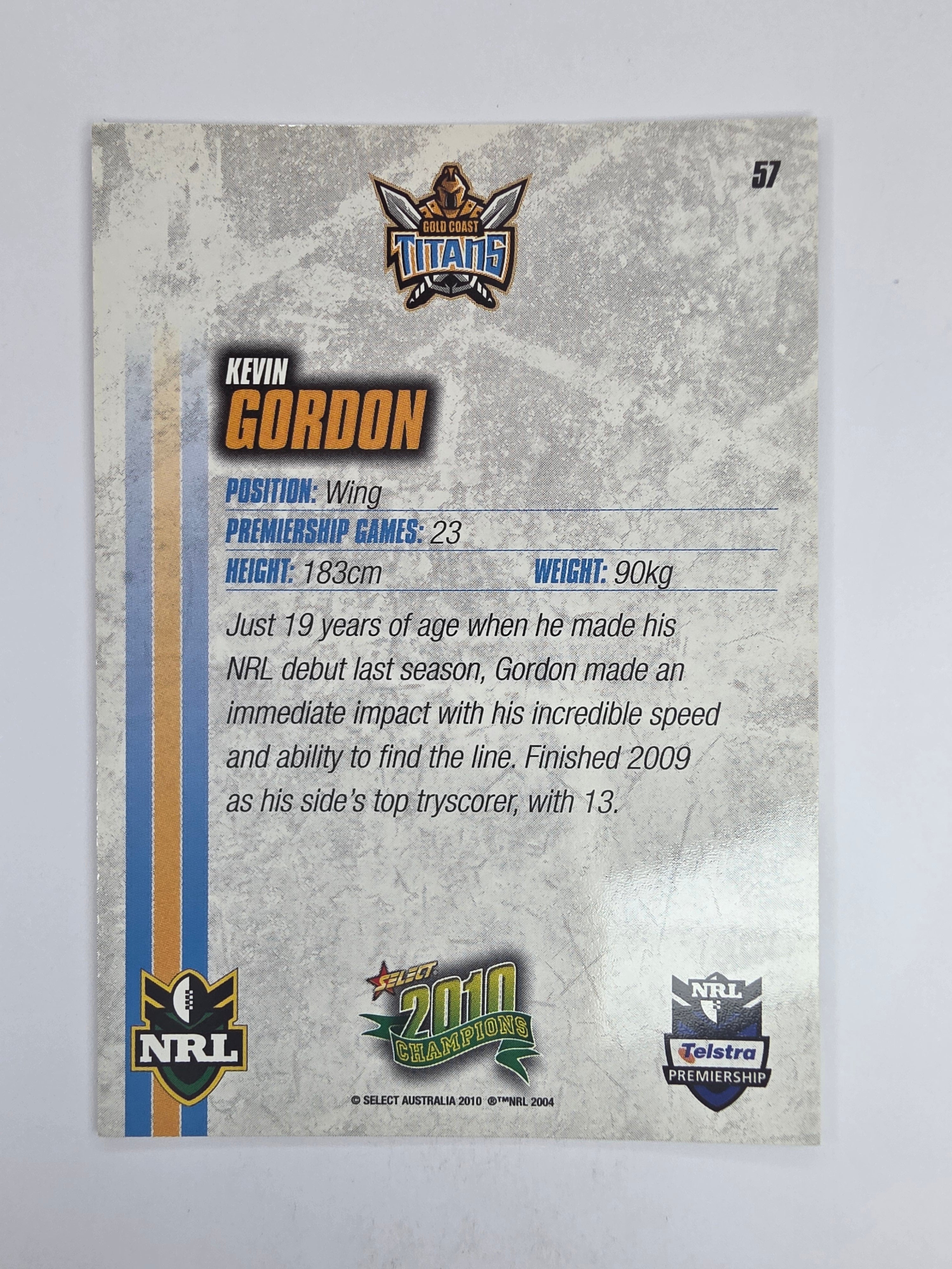 NRL 2010 Champions Base Card #57 Kevin Gordon Gold Coast Titans